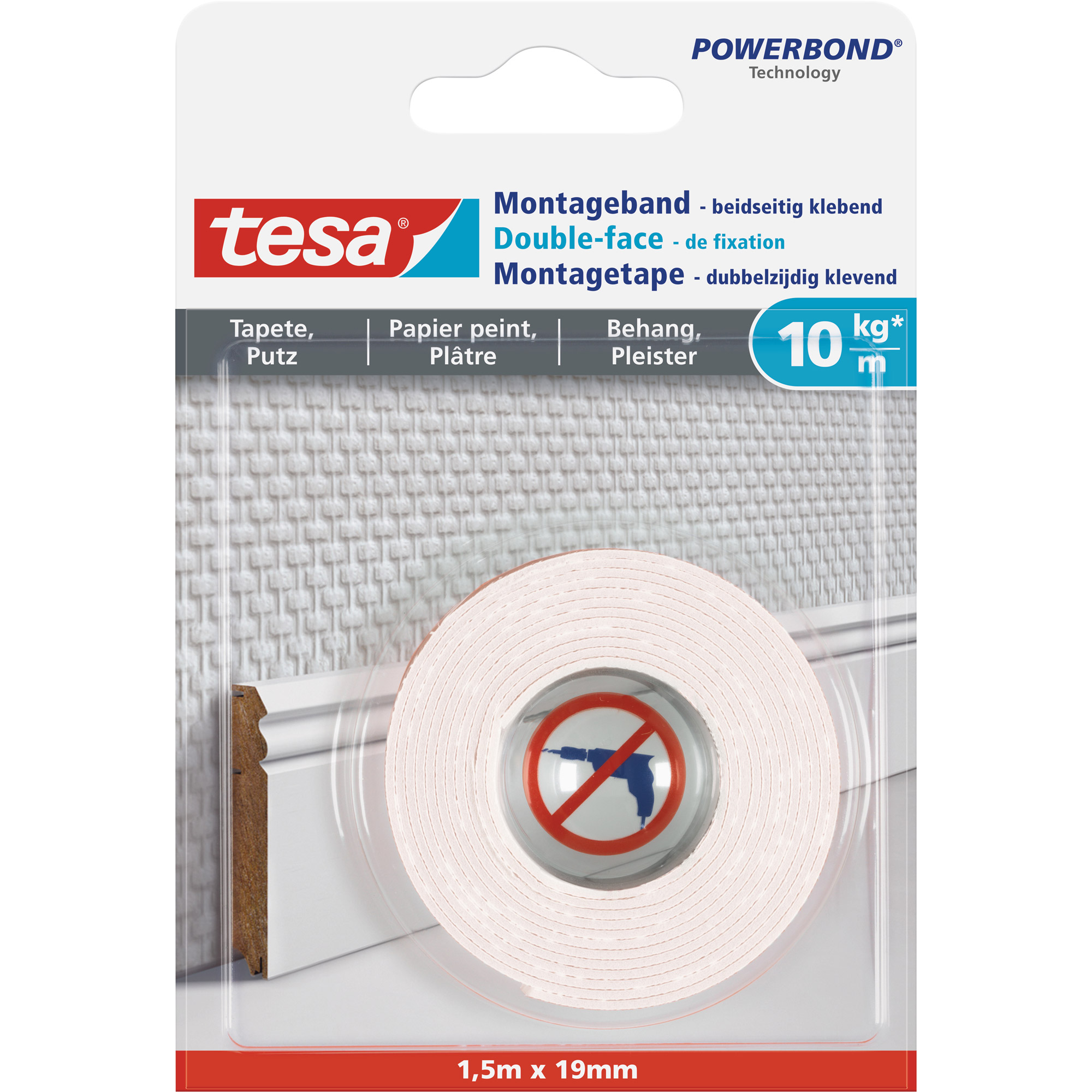 tesa Montageband, 1,5m x 19mm, für Tapeten und Putz, bis zu 10kg/m, weiß tesa Montageband, 1,5m x 19mm, für Tapeten und Putz, bis zu 10kg/m, weiß