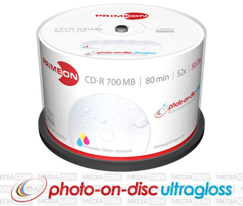 PRIMEON CD-R 80Min 700MB 50 Disc Spindel - photo-on-disc ultragloss, Water resistant, Inkjet Full Size Printable Surface