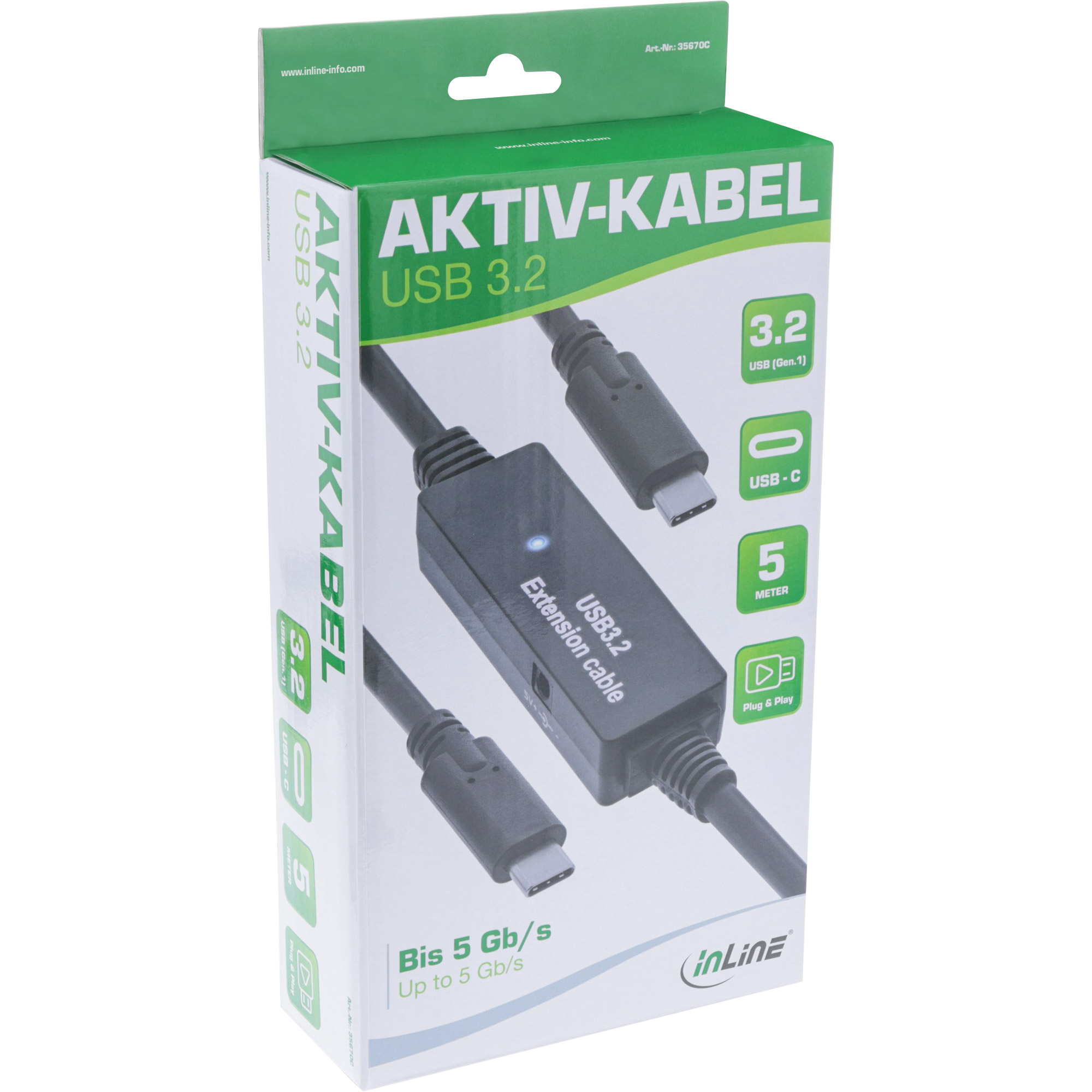 Inline® USB 3.2 Gen.1 Aktiv-Kabel, USB-C Stecker an USB-C Stecker, schwarz, 5m