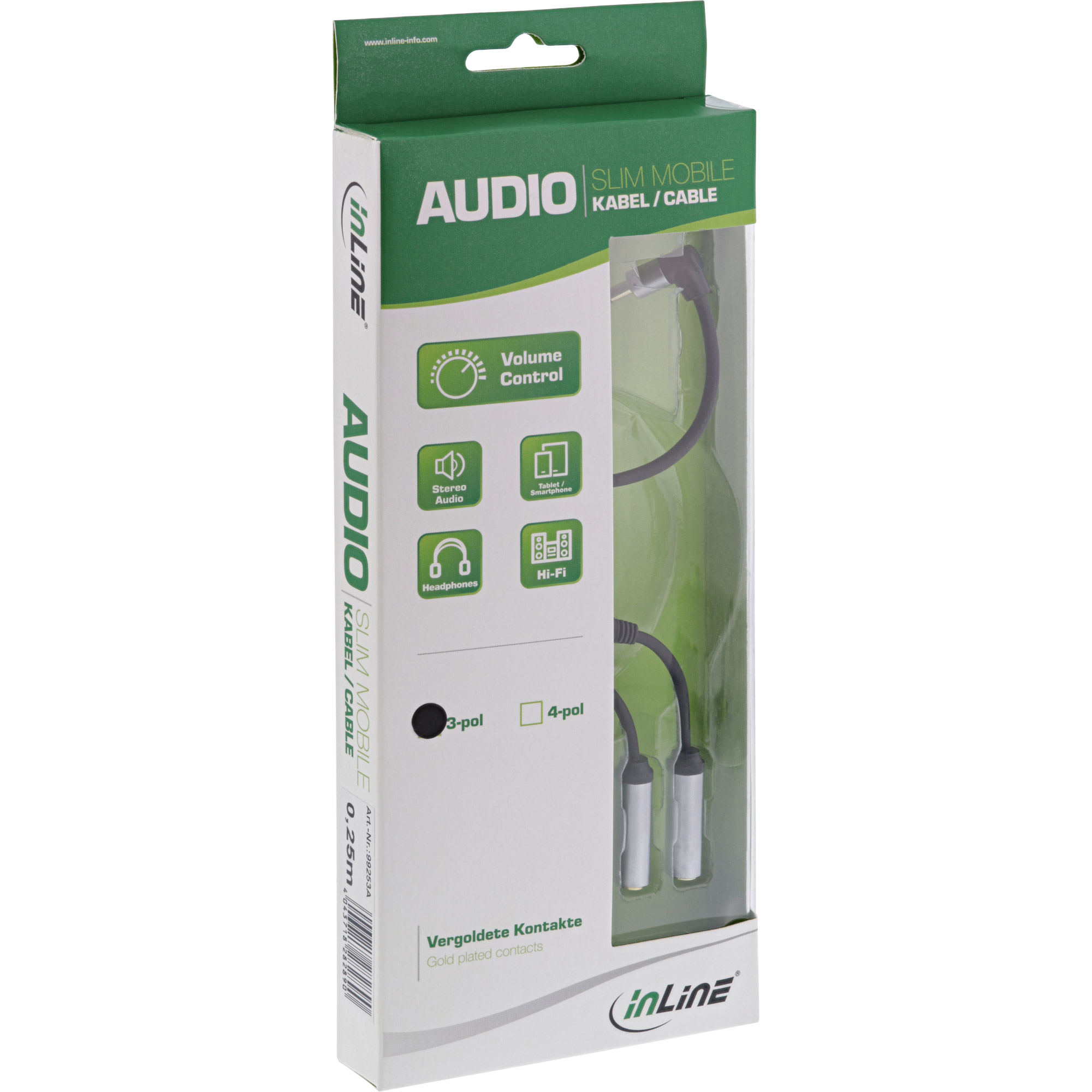 0.25m - Inline® Slim Audio Y-Kabel Klinke 3,5mm ST an 2x BU, mit Lautstärkeregler