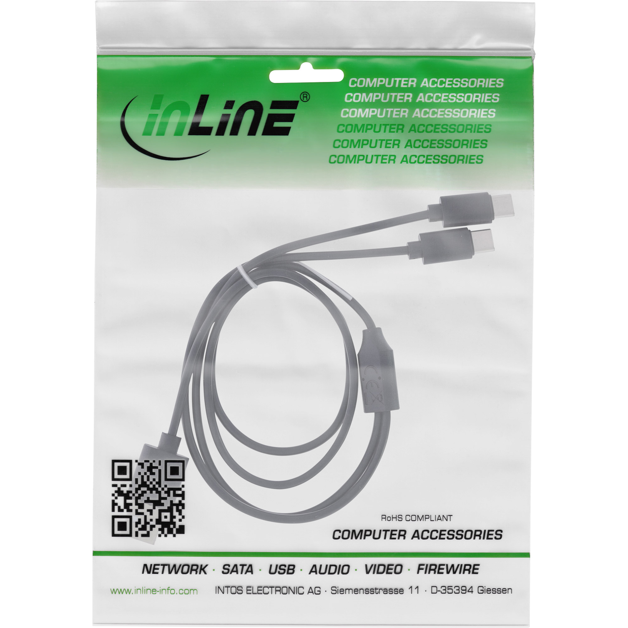 InLine® USB 2in1 Y-Ladekabel, 1x USB-A Stecker an 2x USB-C Stecker, schwarz 0,5m