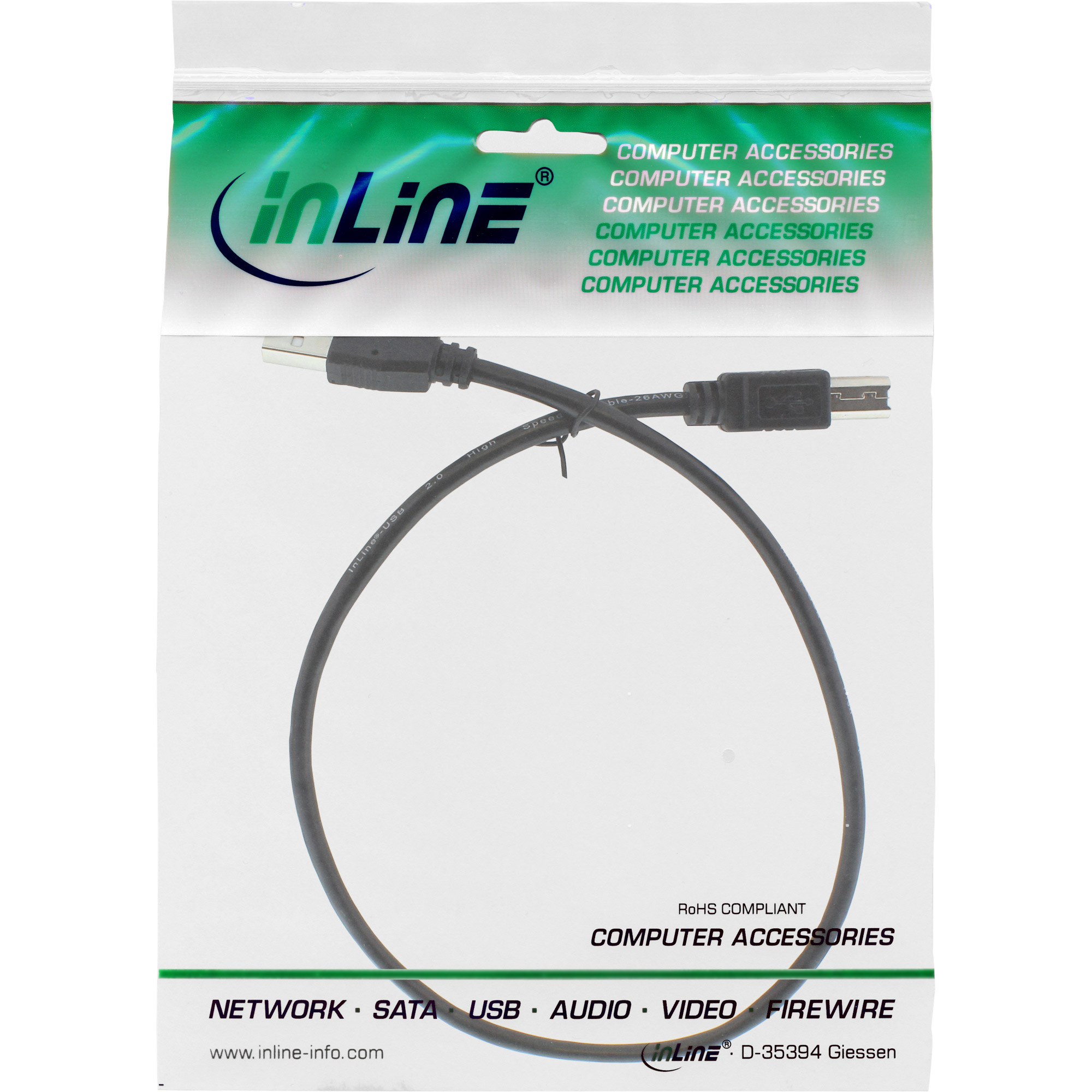 Inline® USB 2.0 Kabel, A an B, schwarz, 0,3m
