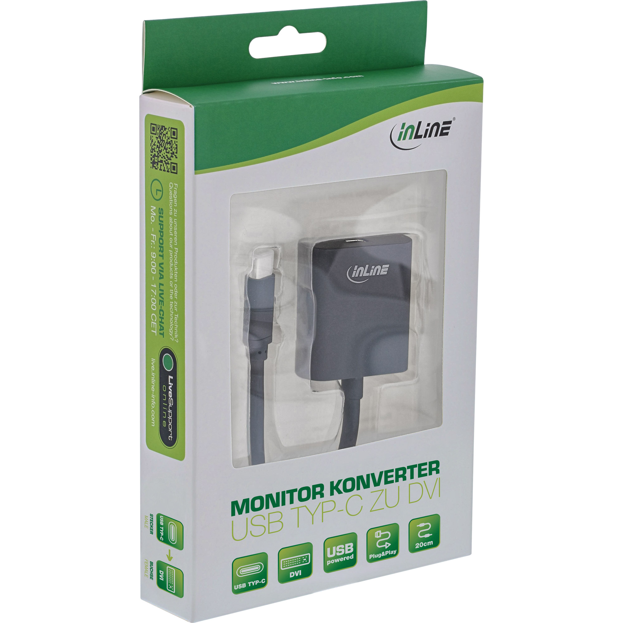 Inline® USB Display Konverter, USB-C Stecker zu DVI Buchse, schwarz
