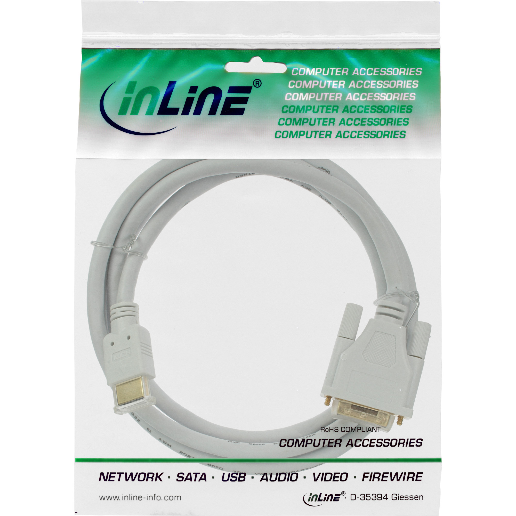 Inline® HDMI-DVI Kabel, weiß / gold, HDMI Stecker auf DVI 18+1 Stecker, 5m