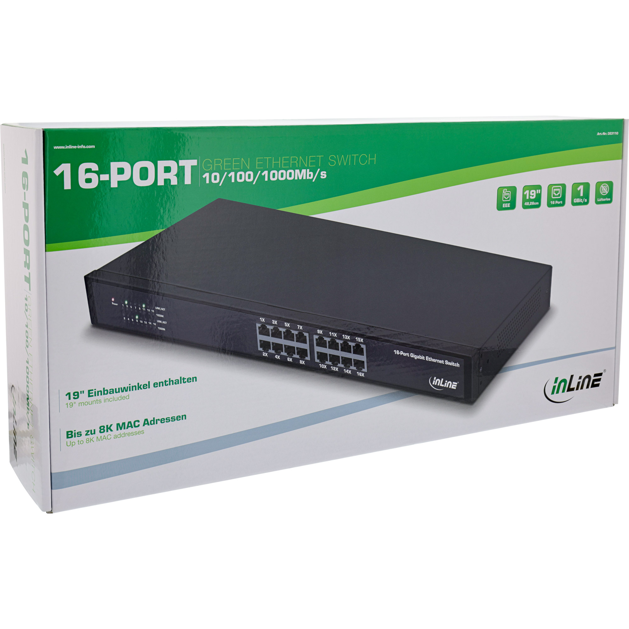 Inline® Gigabit Netzwerk Switch 16-Port, 1Gb/s, 19" 1HE, Lüfterlos