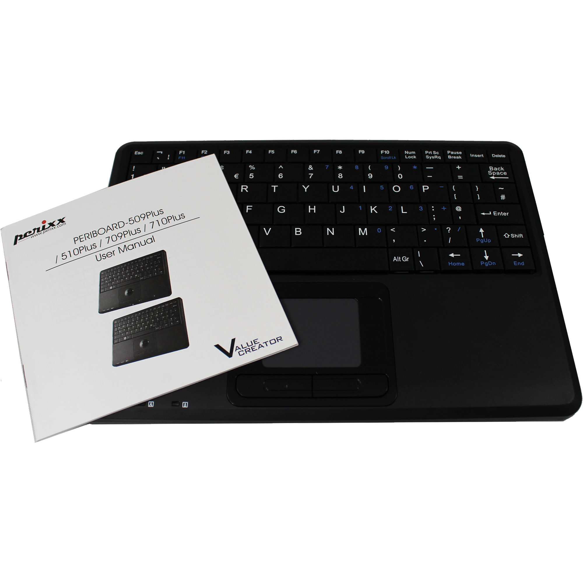Perixx PERIBOARD-510 H PLUS DE, Mini USB-Tastatur, Touchpad, Hub, schwarz