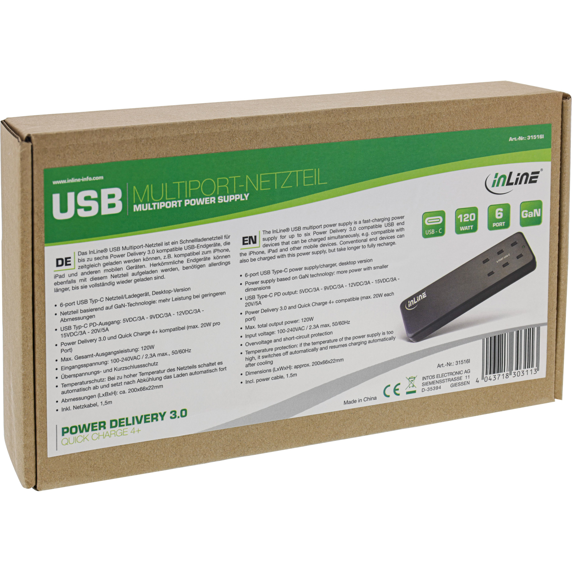 Inline® Multiport Netzteil, Ladegerät, 6x USB-C, PD 3.0, GaN, schwarz