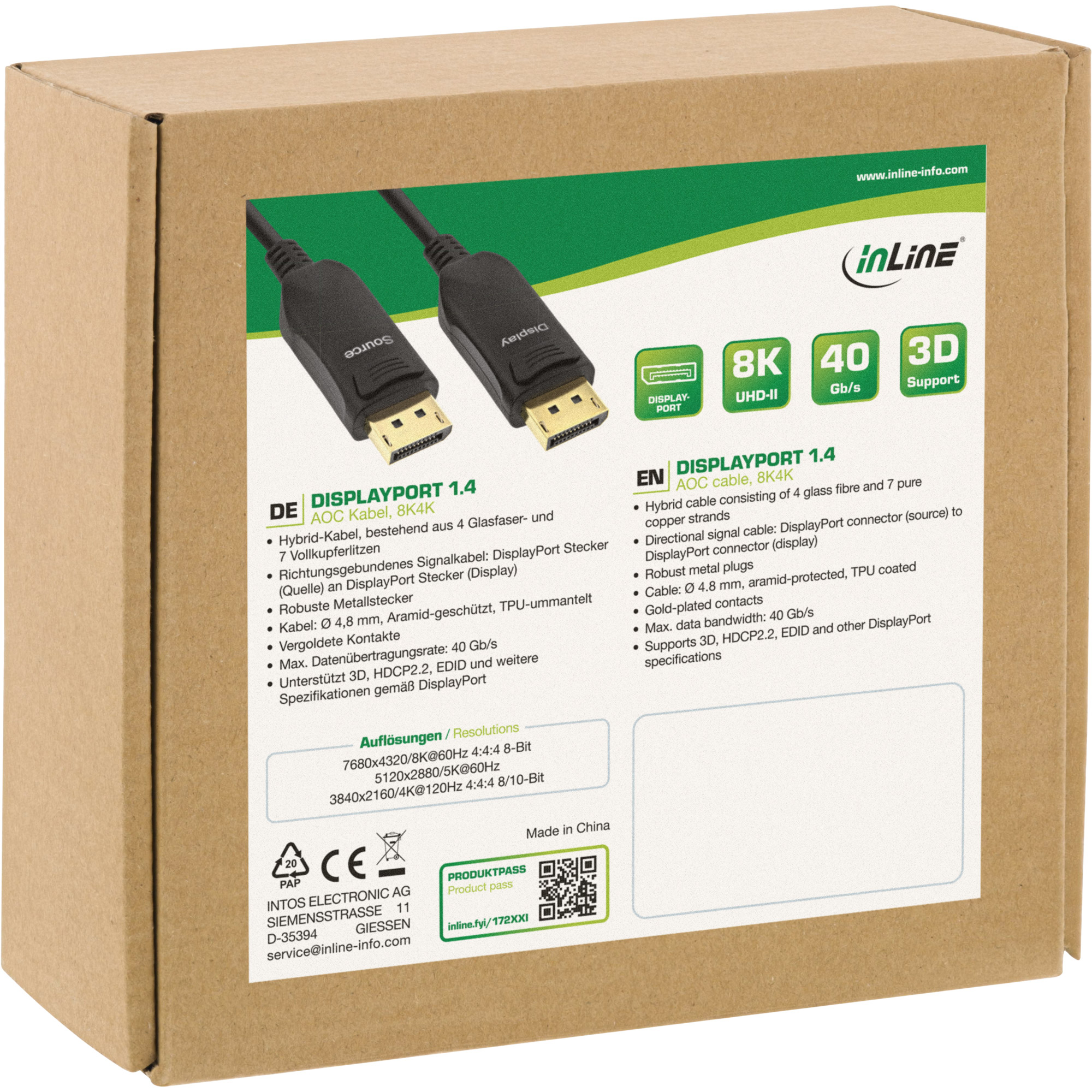 Inline® DisplayPort 1.4 AOC Kabel, 8K4K, schwarz, 10m