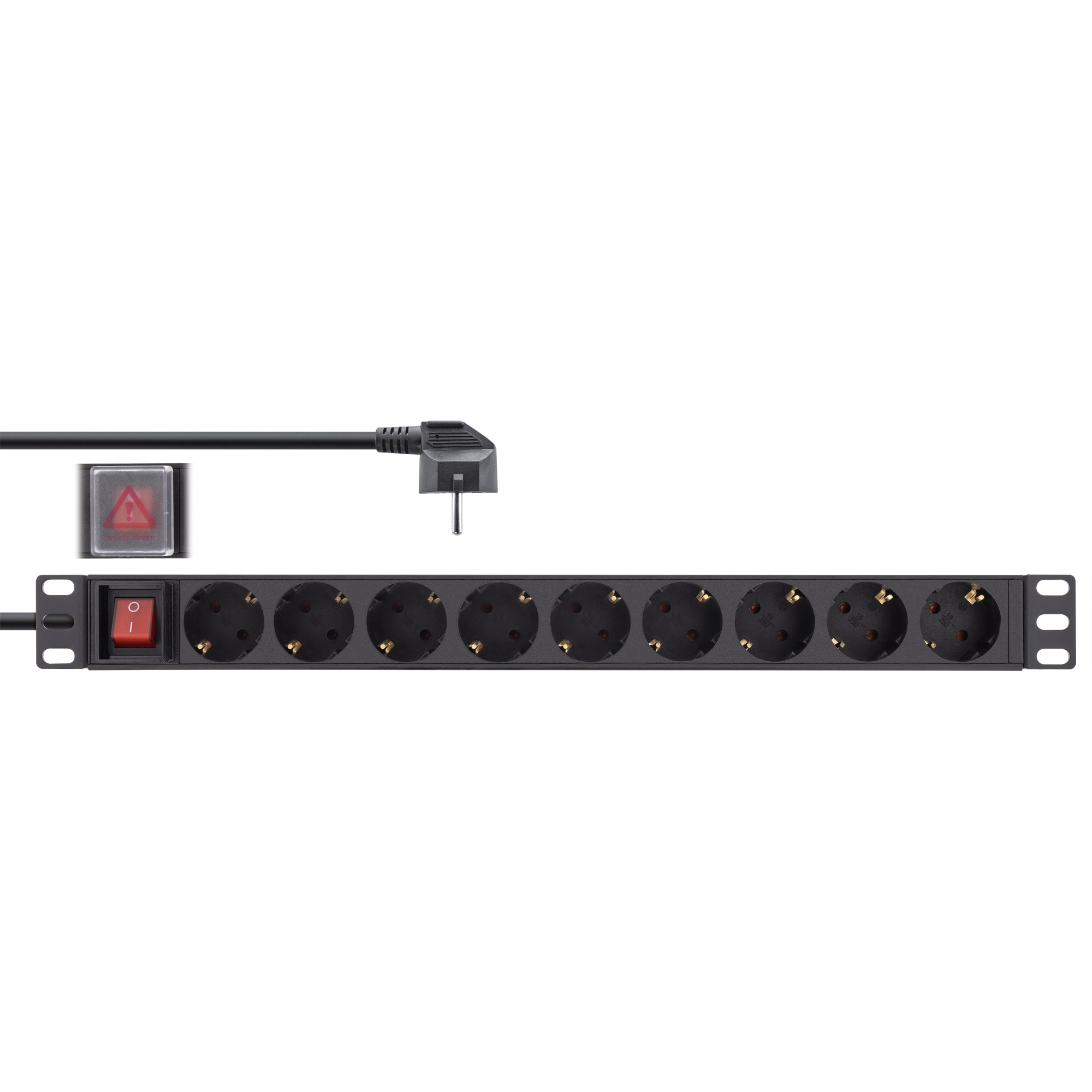 Inline® 19" Steckdosenleiste, 9-fach Schutzkontakt, mit Schalter, 2m, schwarz