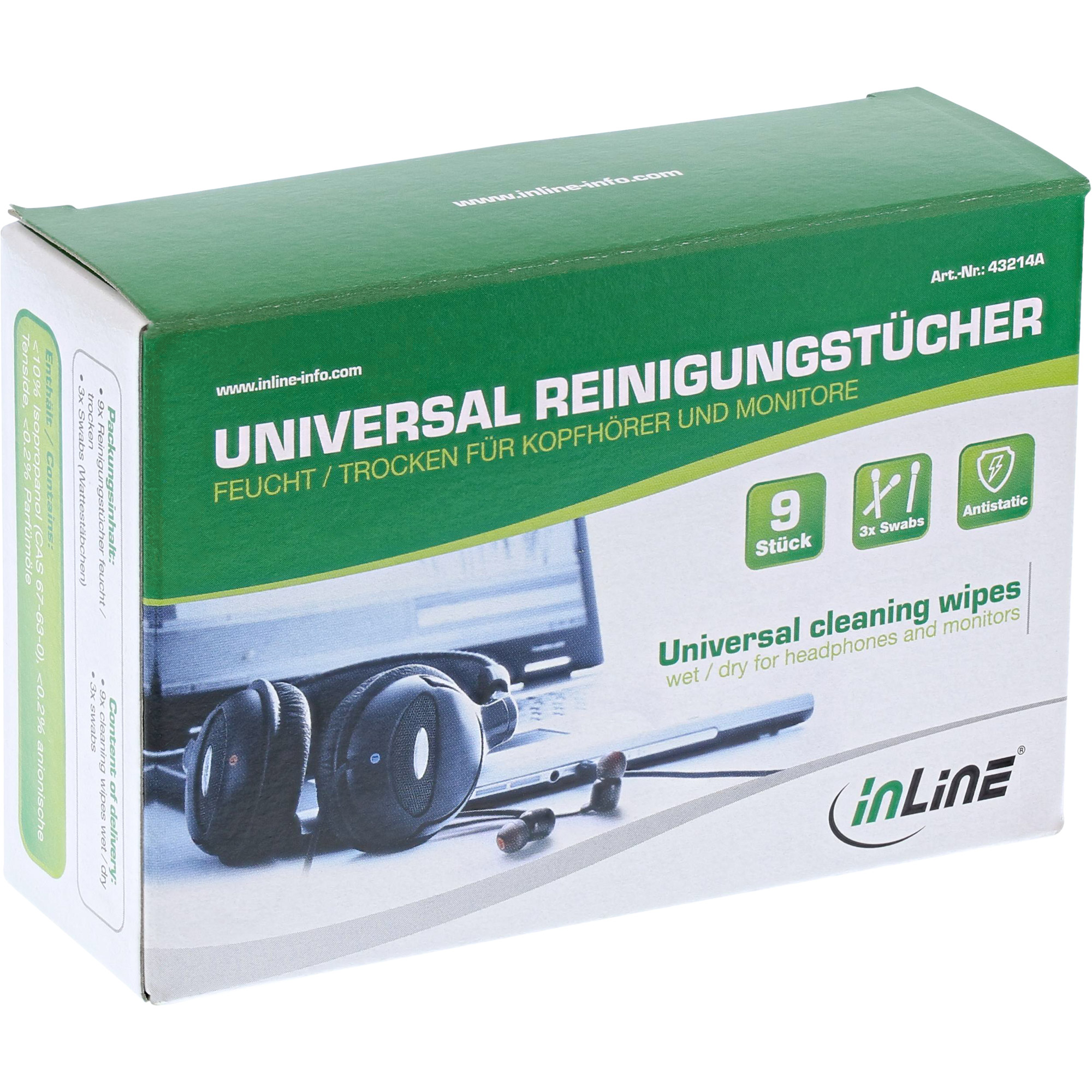 Inline® Universal Reinigungstücher nass/trocken für Kopfhörer und Monitore
