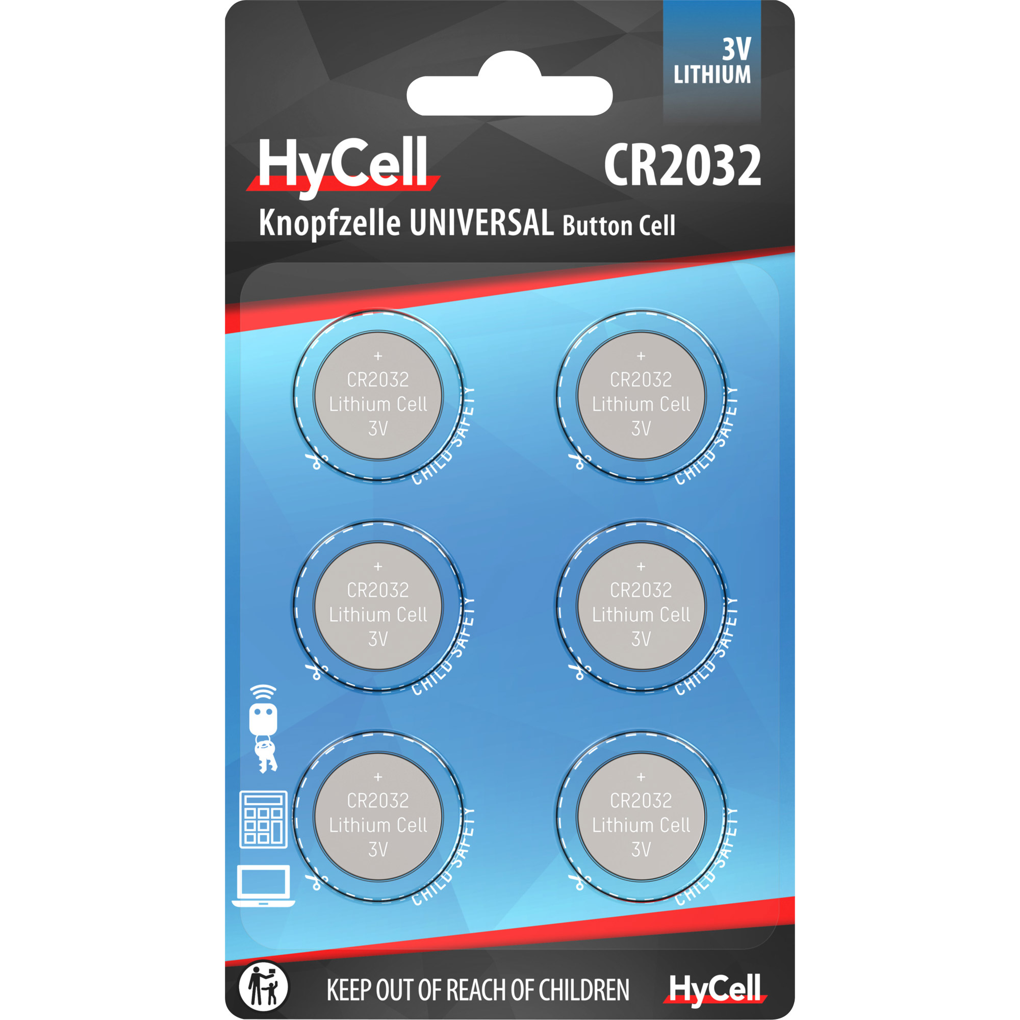 Hycell CR2032 Lithium Knopfzelle 3V Batterie - 6er Verpackung