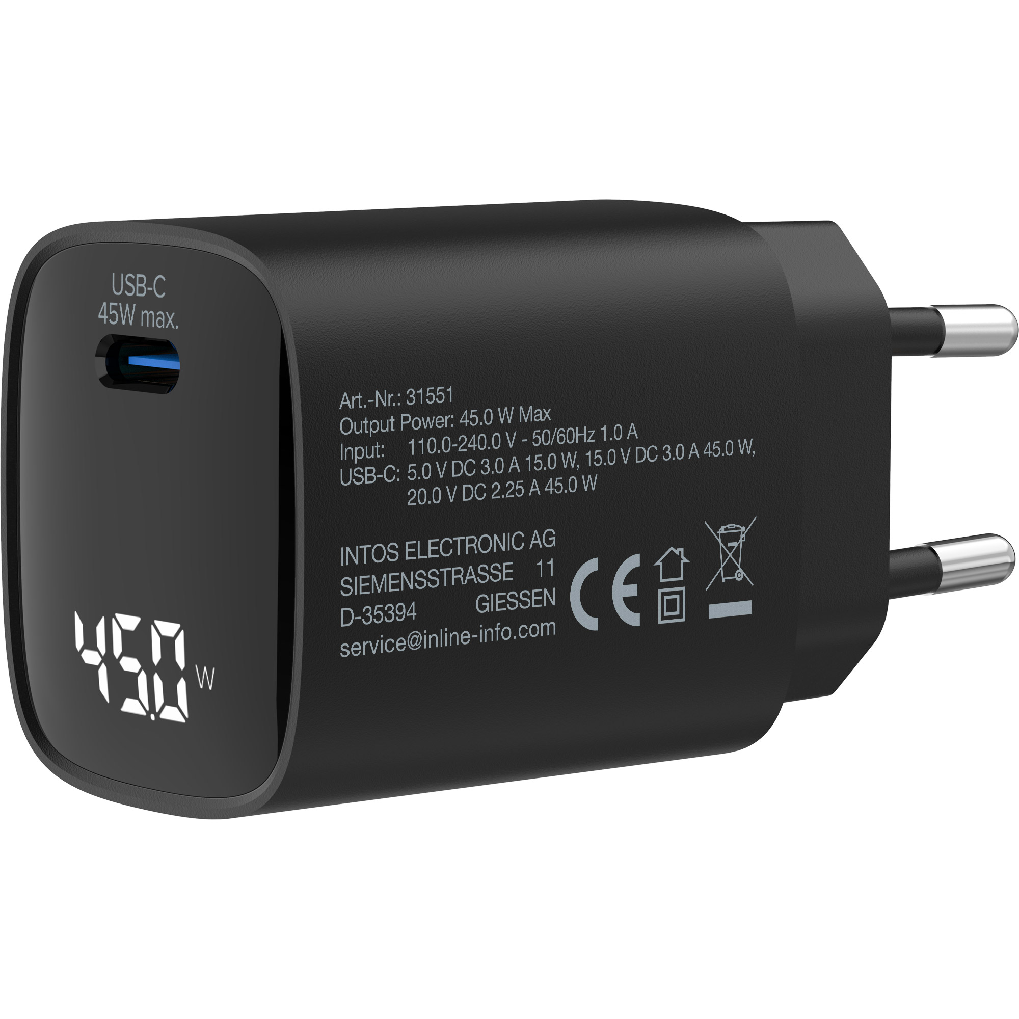 InLine® USB PD Netzteil, GaN Ladegerät, 1-Port, USB-C, 45W, mit Display InLine® USB PD Netzteil, GaN Ladegerät, 1-Port, USB-C, 45W, mit Display