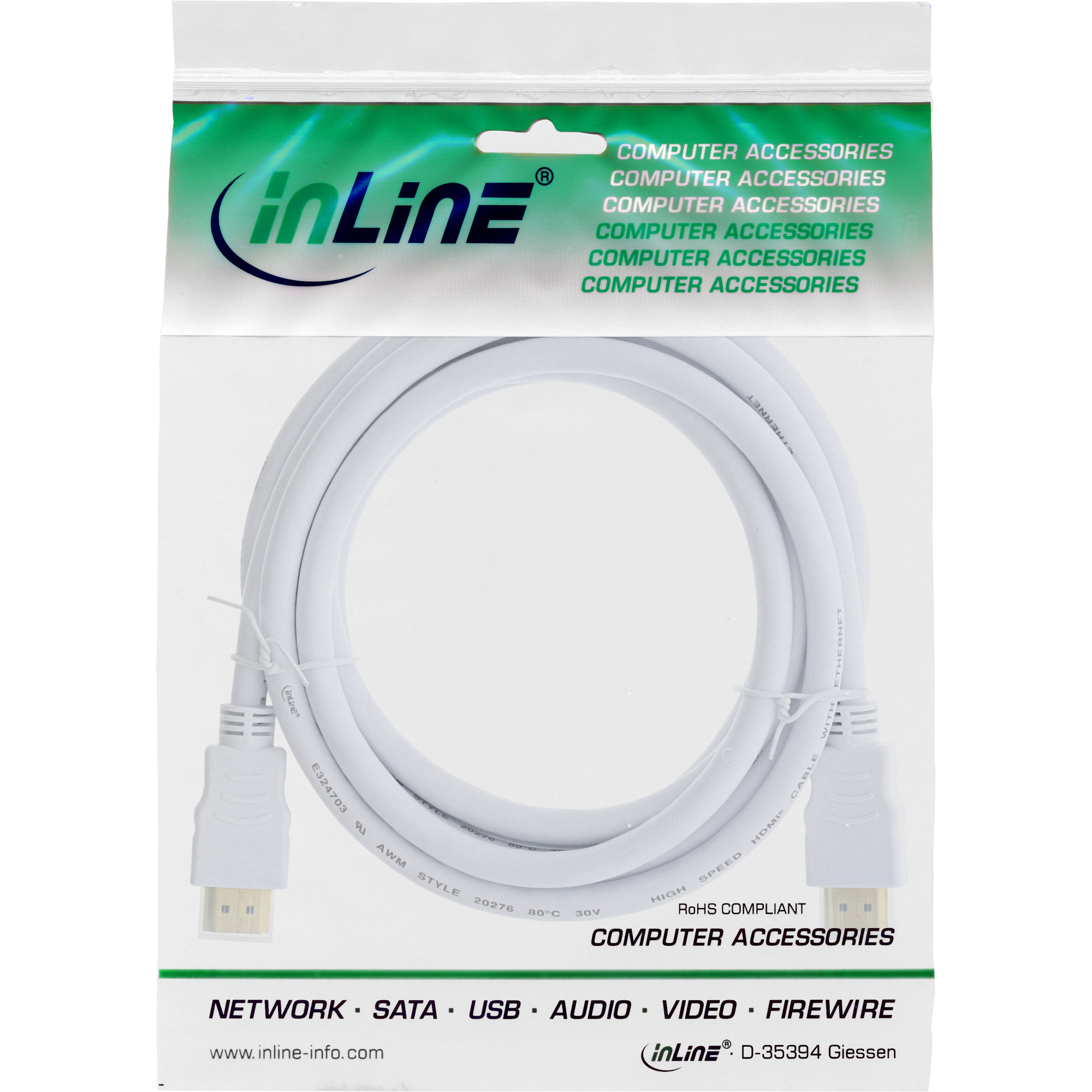Inline® HDMI-High Speed Kabel mit Eth., Premium, ST / ST, weiß / gold, 1m