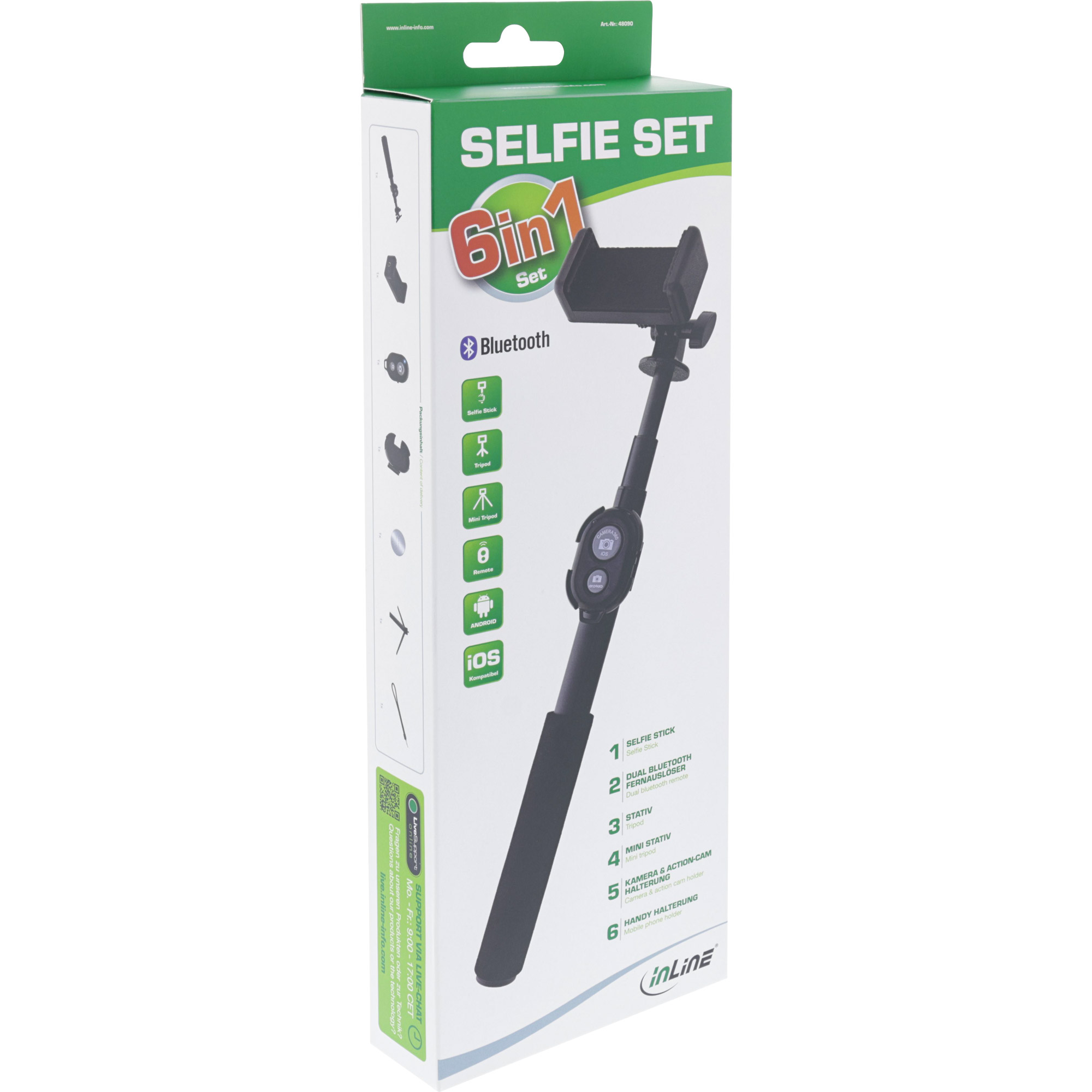 Inline® Selfie Stick / Mini Handy Stativ, Bluetooth Funkauslöser, Teleskop