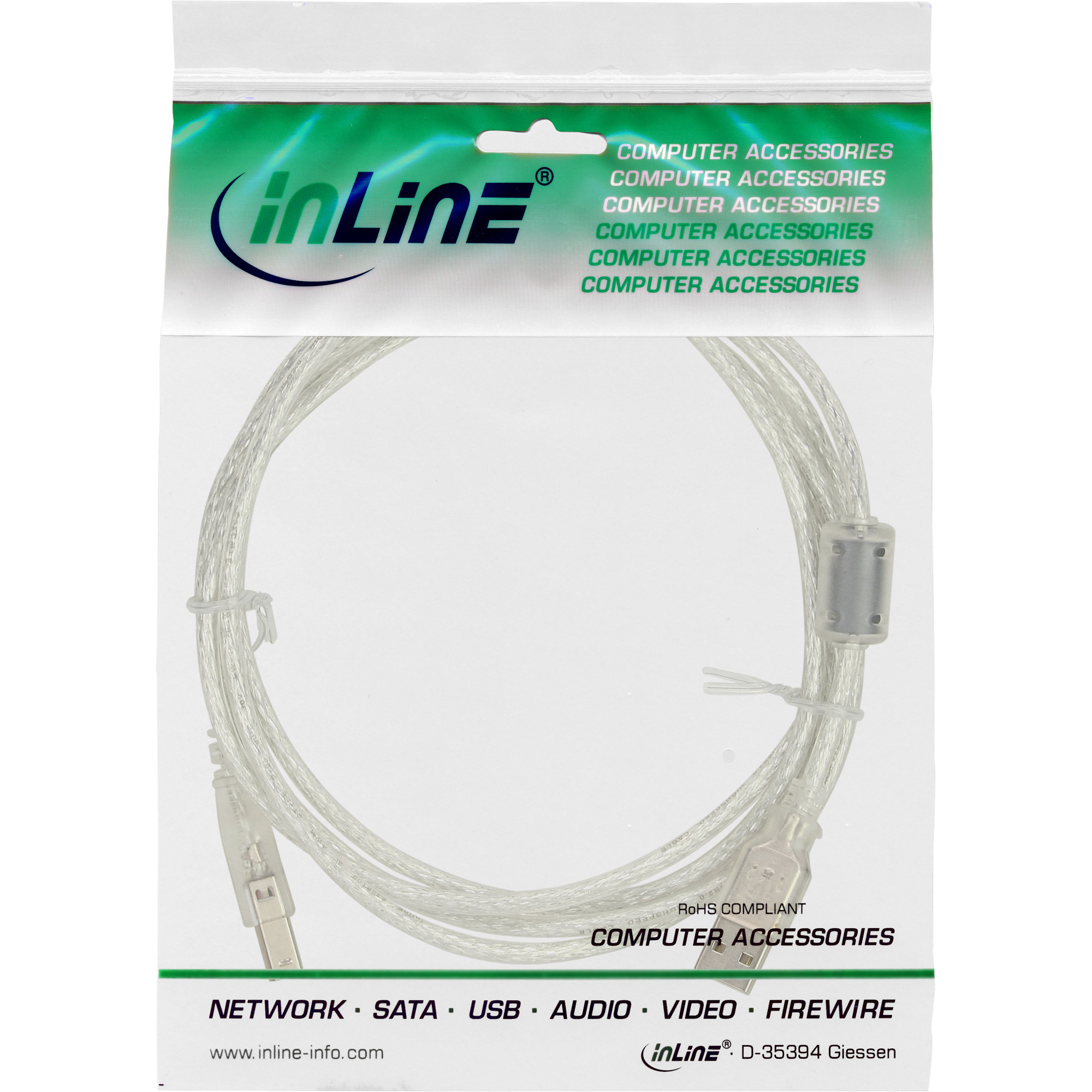 Inline® USB 2.0 Kabel, A an B, transparent, mit Ferritkern, 0,3m