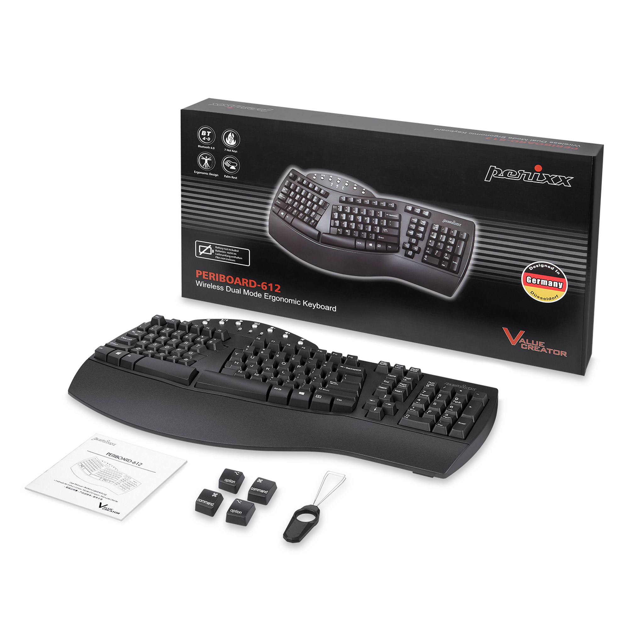 Perixx PERIBOARD-612B DE, ergonomische Tastatur, Dualmodus, Funk/Bluetooth Schwarz
