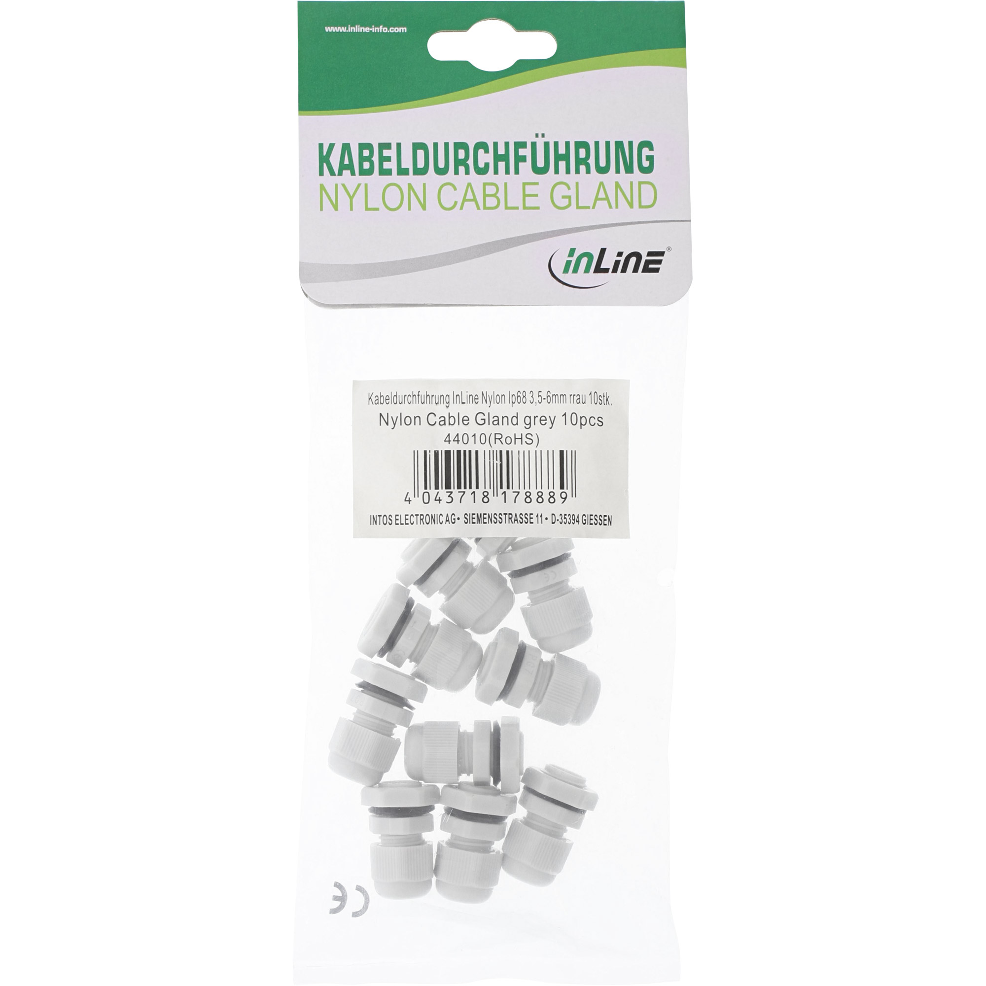Inline® Kabeldurchführung PG 9 Nylon IP68 4-8mm, grau, 10 Stück