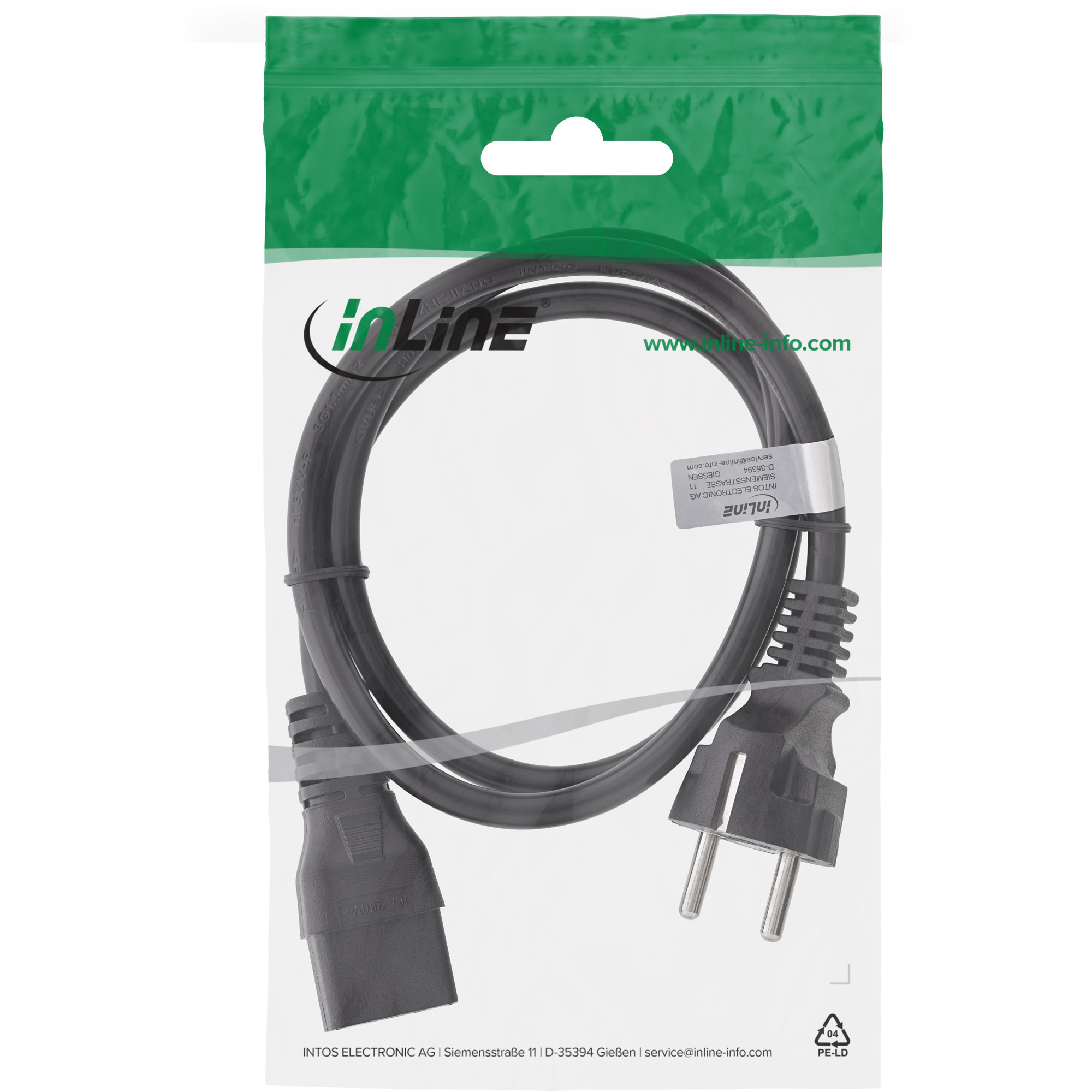 Inline® Netzkabel 16A, Schutzkontakt gerade / Kaltgerätestecker IEC320/C19, 3m