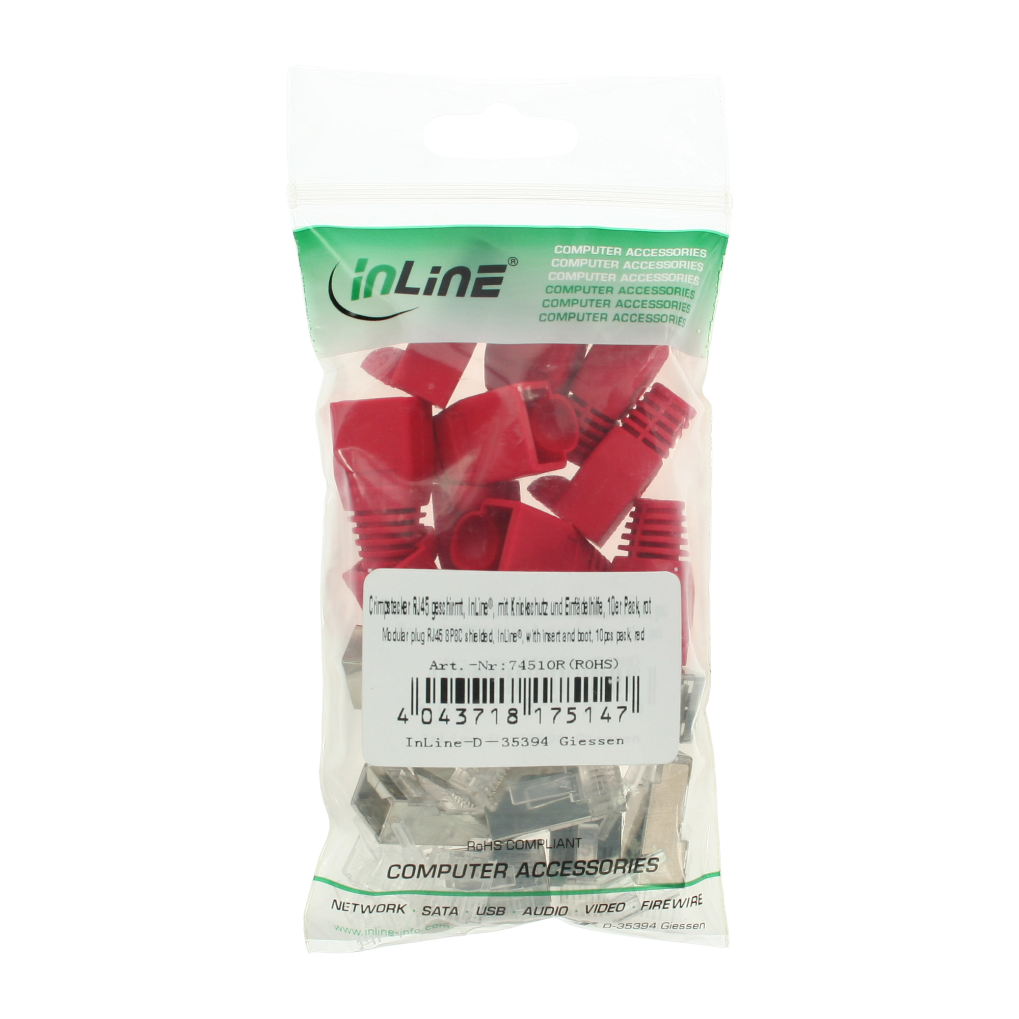 10er Pack Inline® Crimpst. RJ45 gesch., mit Knickschutz & Einfädelhilfe, rot