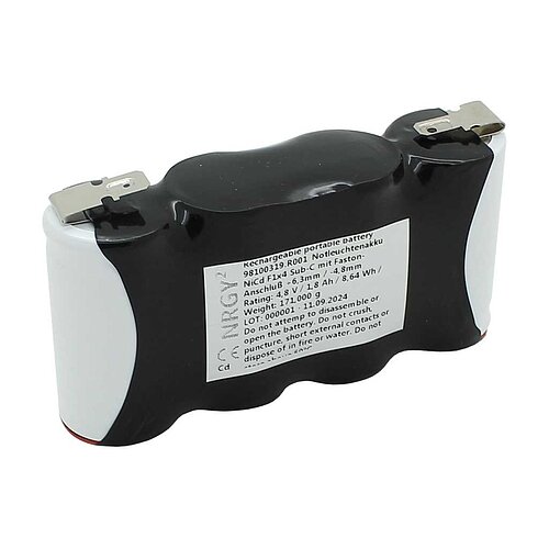 Notleuchtenakku NiCd 4,8V 1800mAh F1x4 Sub-C mit Faston-Anschluss +6,3mm / -4,8mm ersetzt Kaufel 11190046 Notleuchtenakku NiCd 4,8V 1800mAh F1x4 Sub-C mit Faston-Anschluss +6,3mm / -4,8mm ersetzt Kaufel 11190046