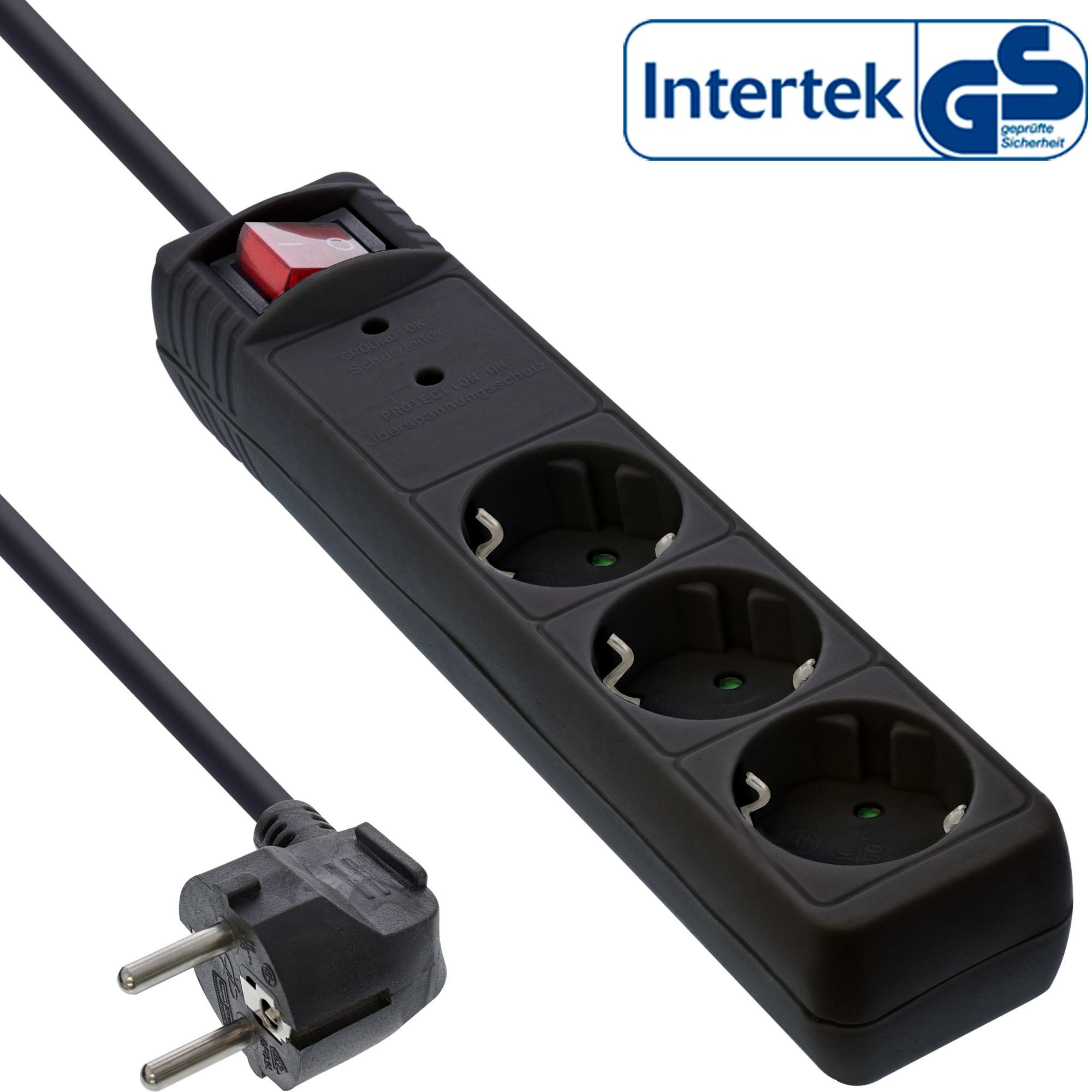 Inline® Steckdosenleiste, 3-fach Schutzkontakt, ÜSS, schwarz
