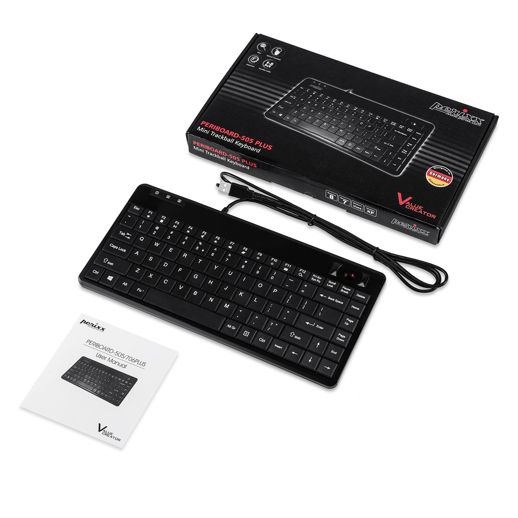 Perixx PERIBOARD-505H PLUS DE, Mini USB-Tastatur, Trackball, Hub, schwarz