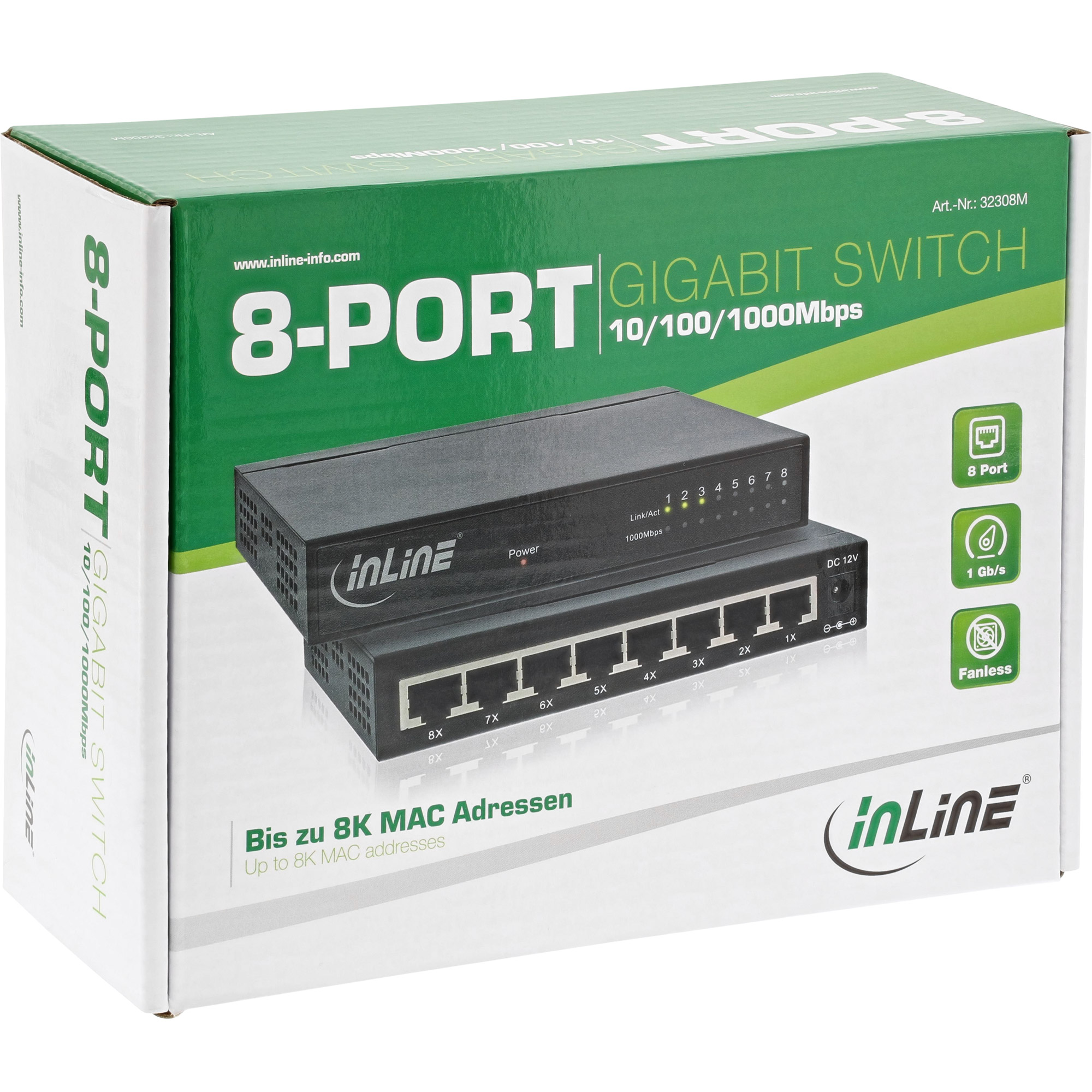 Inline® Gigabit Switch 8x, 10/100/1000, Desktop, Metall, Lüfterlos, gesch. Ports