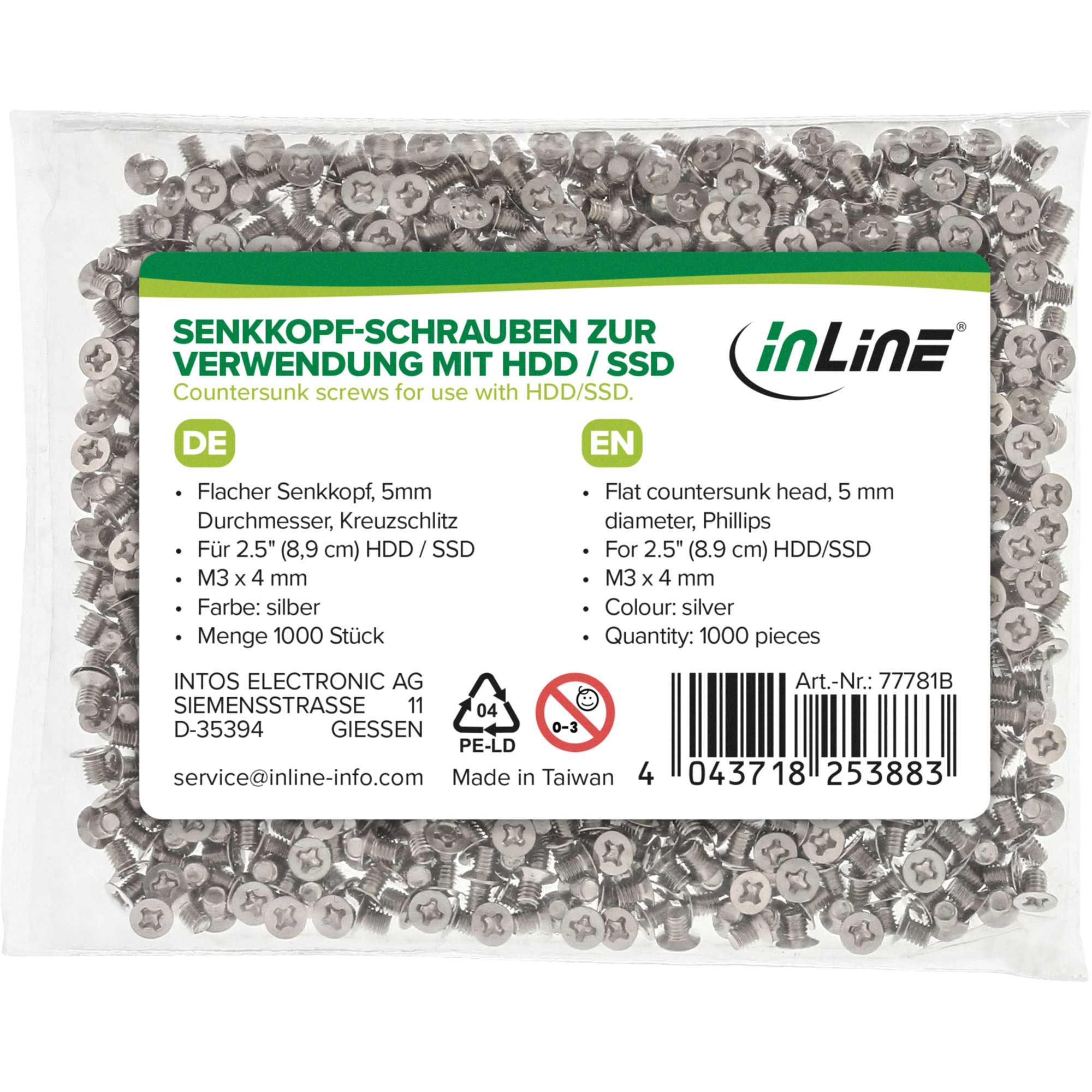 Inline® Schraubenset, f. 2,5" HDD/SSD, 3mm, flacher Senkkopf, silber 1000er Pack