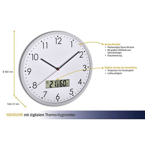 Wanduhr mit digitalem Thermometer und Hygrometer 60.3048.02
