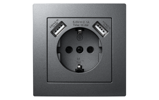 Schutzkontakt-Steckdose mit 2x USB McPower ''Flair'', 250V, 5V/2,1A, UP, anthrazit Schutzkontakt-Steckdose mit 2x USB McPower ''Flair'', 250V, 5V/2,1A, UP, anthrazit