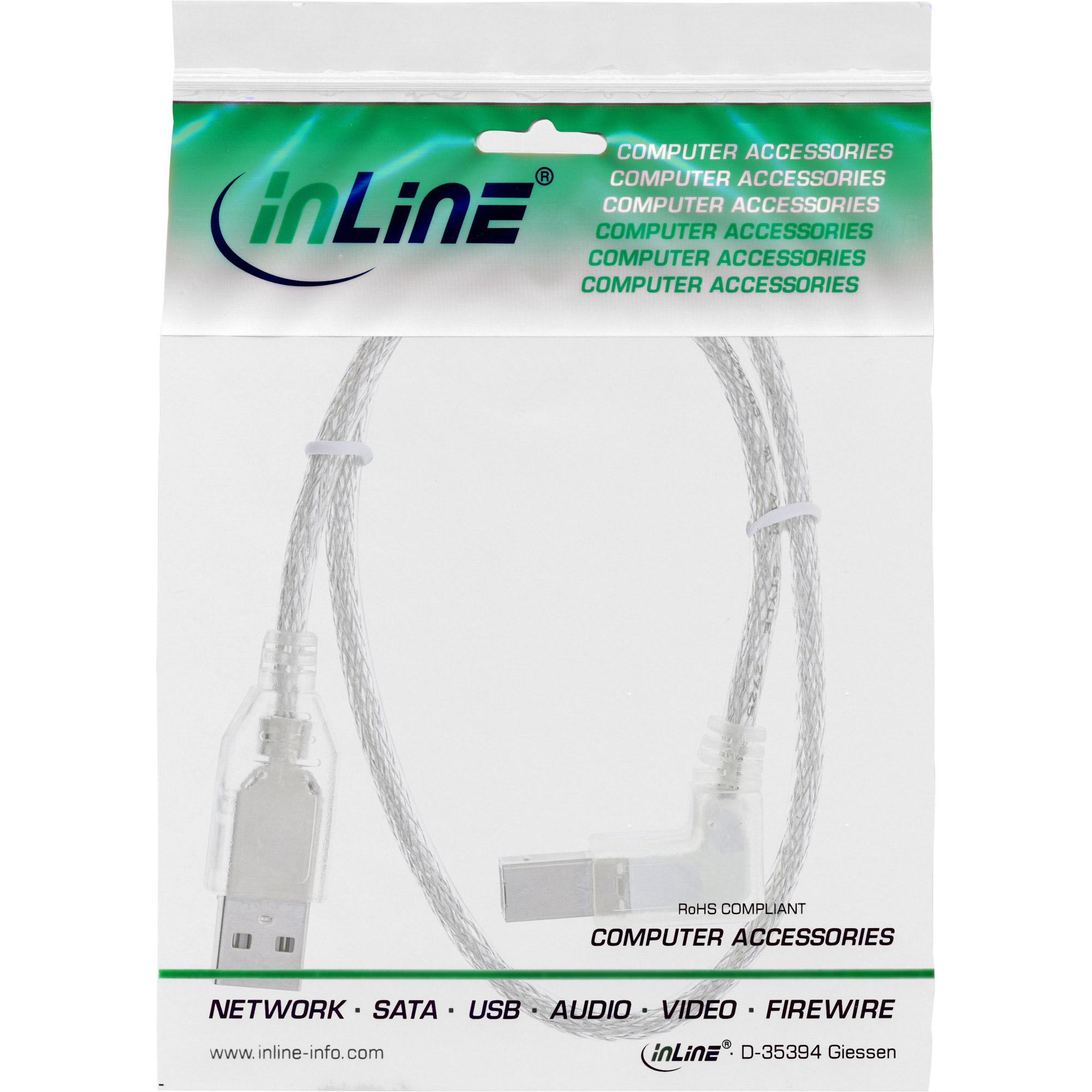 Inline® USB 2.0 Kabel, A an B rechts abgewinkelt, transparent, 2m