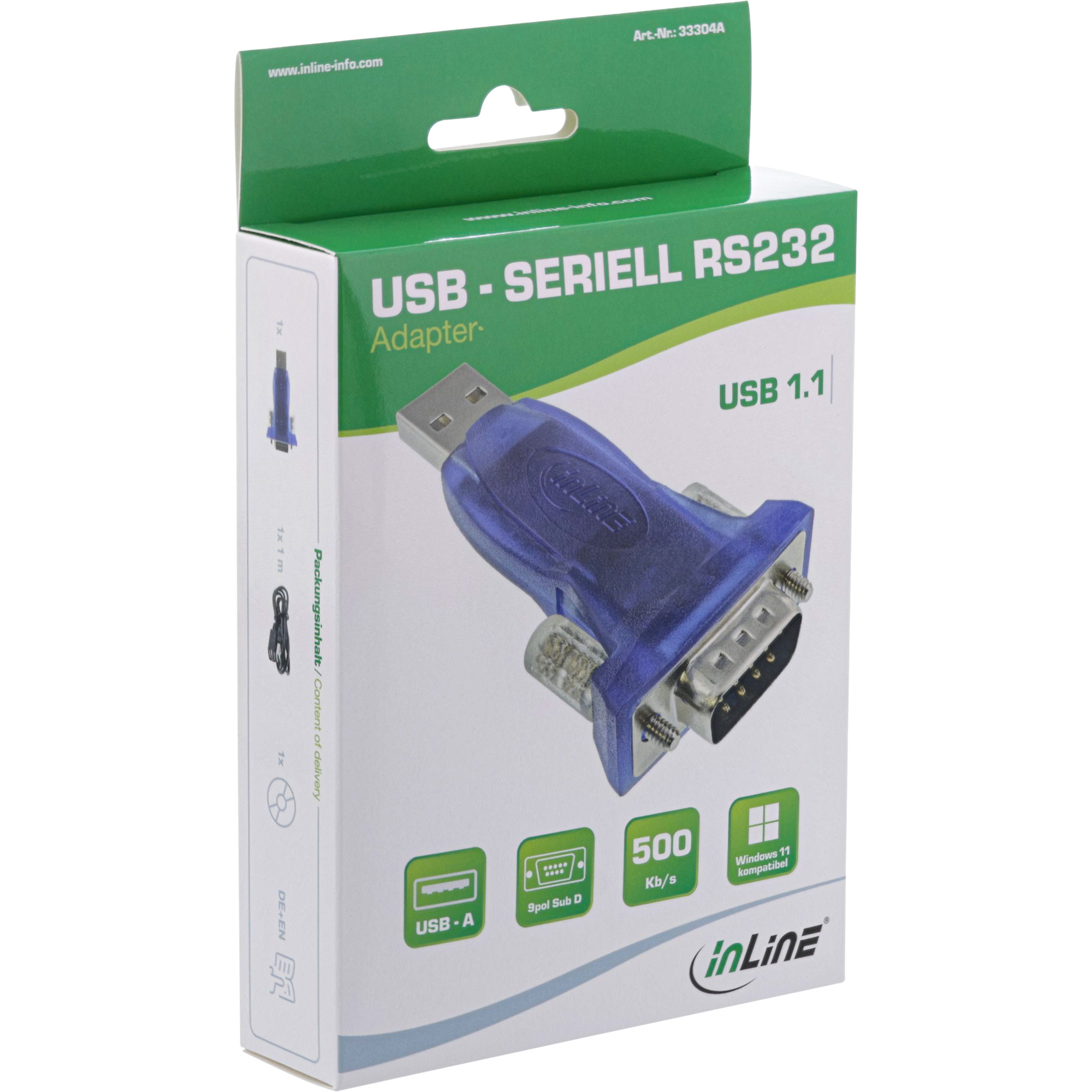 Inline® USB zu Seriell Adapter, ST A an 9pol Sub D ST, mit USB VerLängerung 0,8m