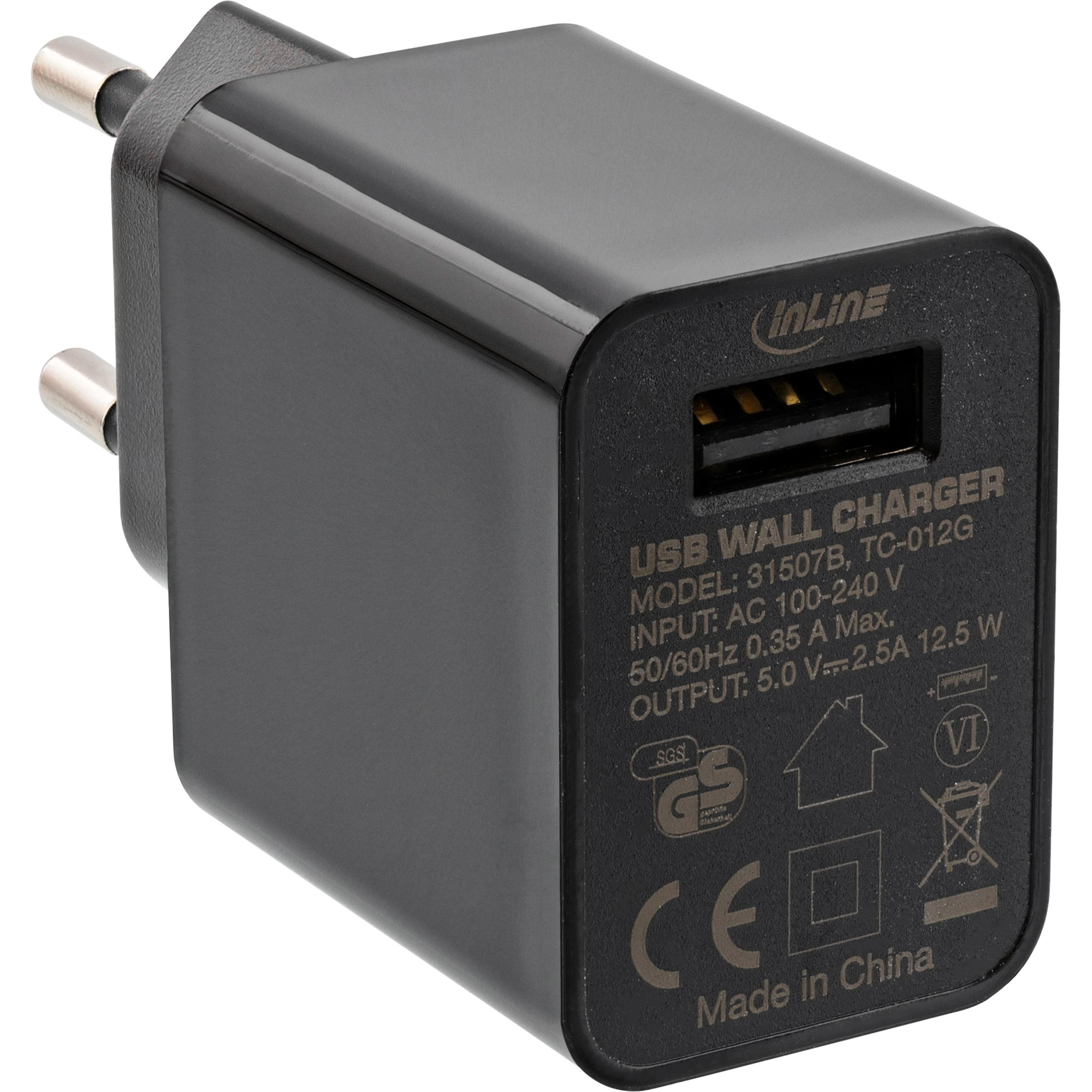 Inline® USB Ladegerät Single, Netzteil, 100-240V zu 5V/2,5A, schwarz