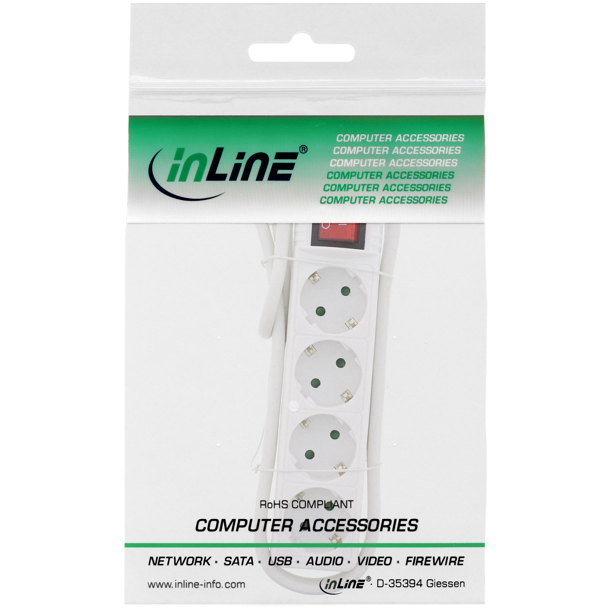 Inline® Steckdosenleiste, 4-fach Schutzkontakt, mit Schalter, weiß, 3m