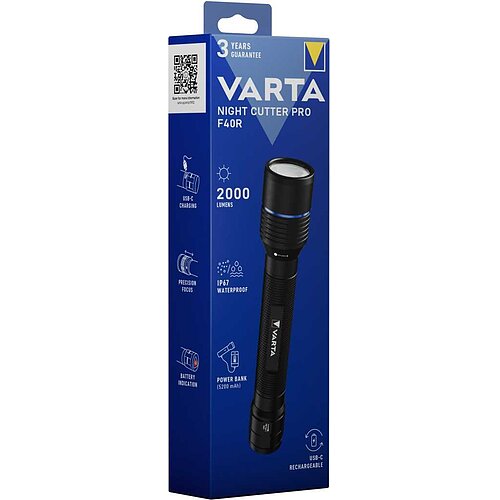 Varta 18922 Night Cutter Pro F40R mit Akku Leistungsstarke LED-Taschenlampe mit 2000lm, USB-C & Powerbank ideal für Profis