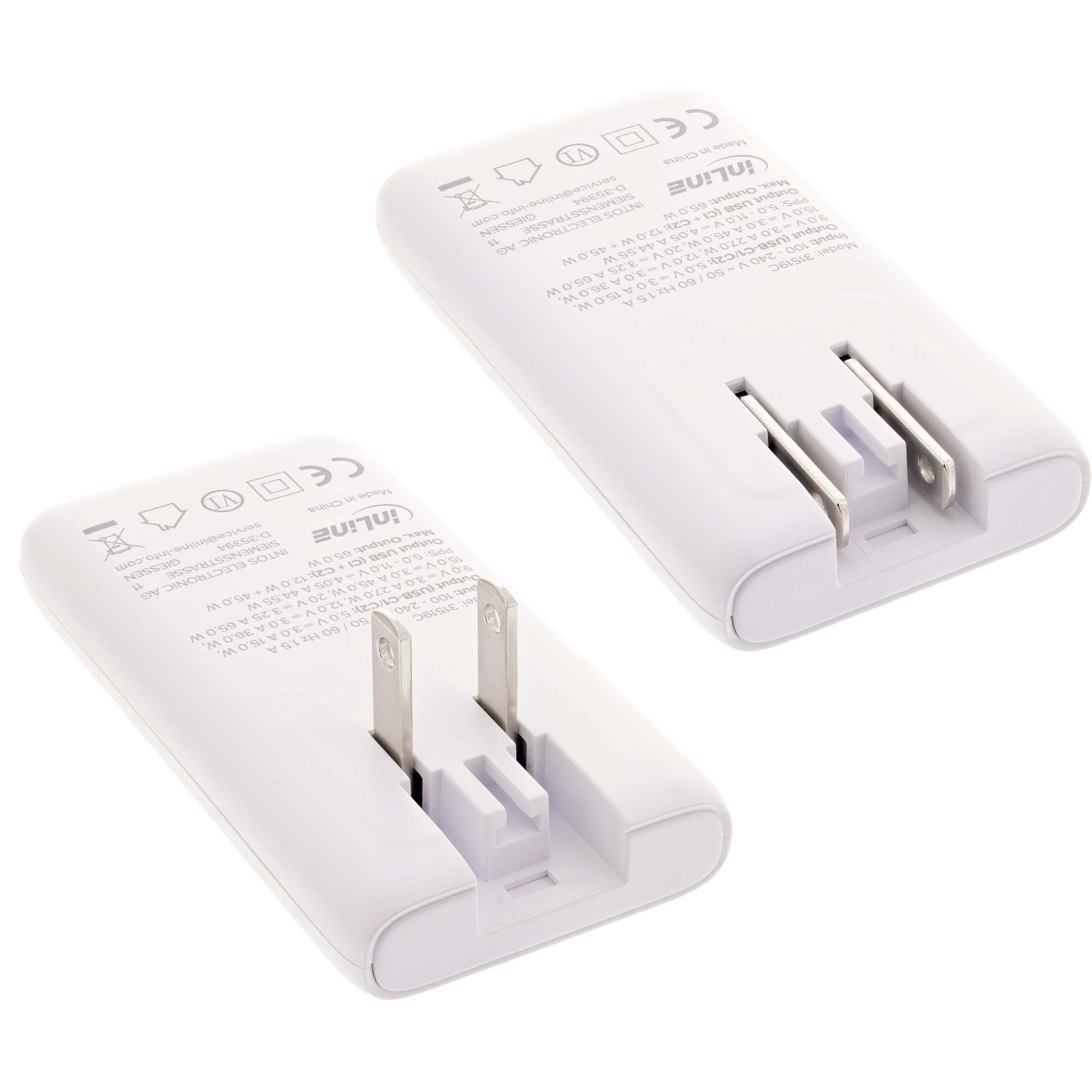 InLine® USB Reise-Netzteil Ladegerät, Dual USB-C, PD, PPS, 65W, flach, weiß