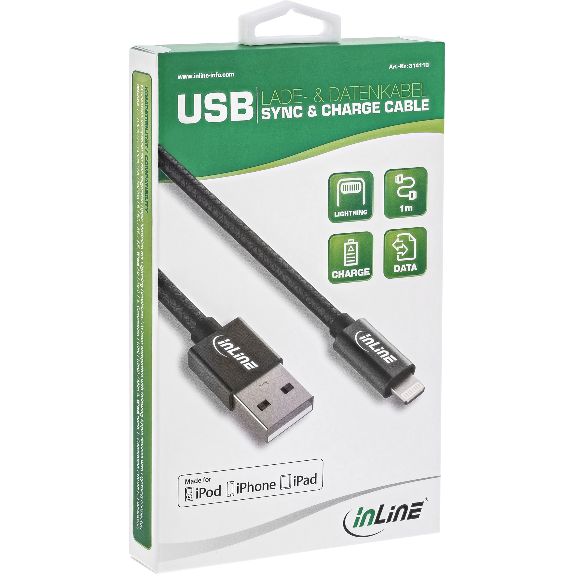 Inline® Lightning USB Kabel, für iPad, iPhone, schwarz/Alu, 1m MFi-zertifiziert