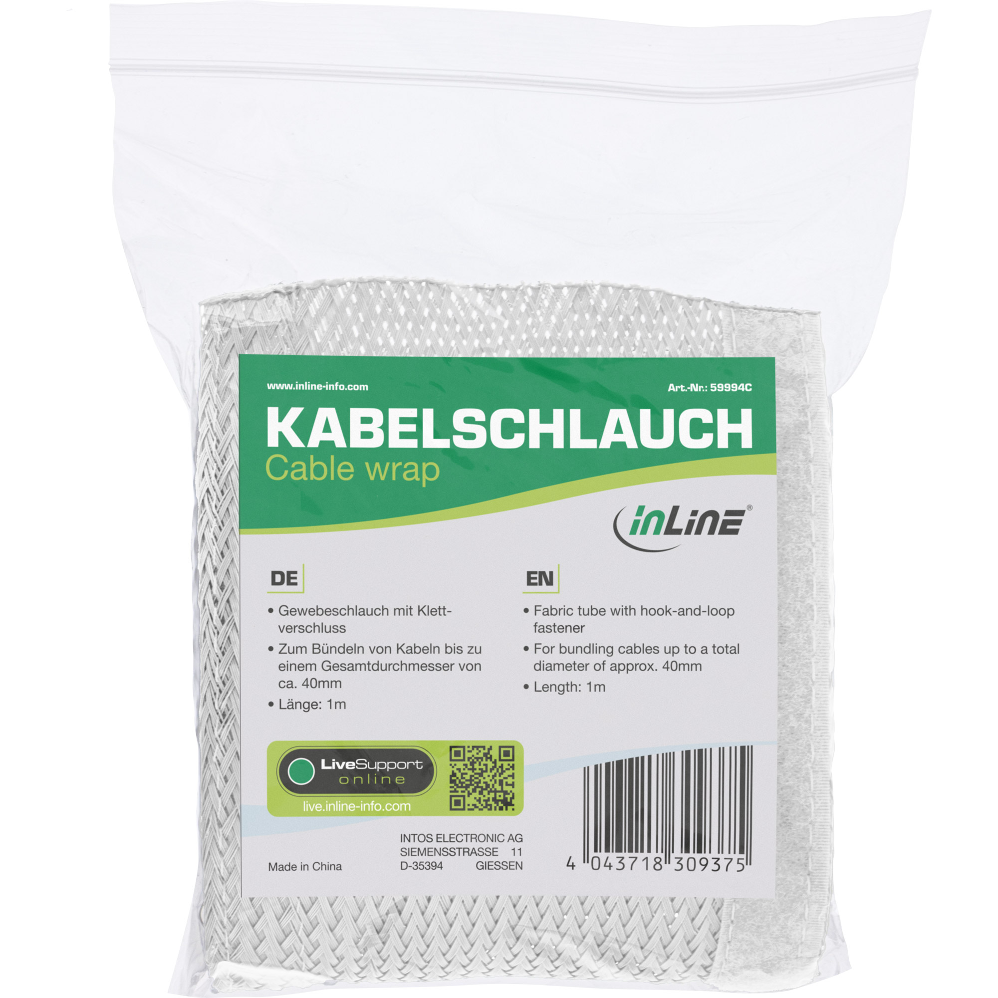 Inline® Kabelschlauch, Gewebeschlauch mit Klettverschluss, 1m x 40mm weiß