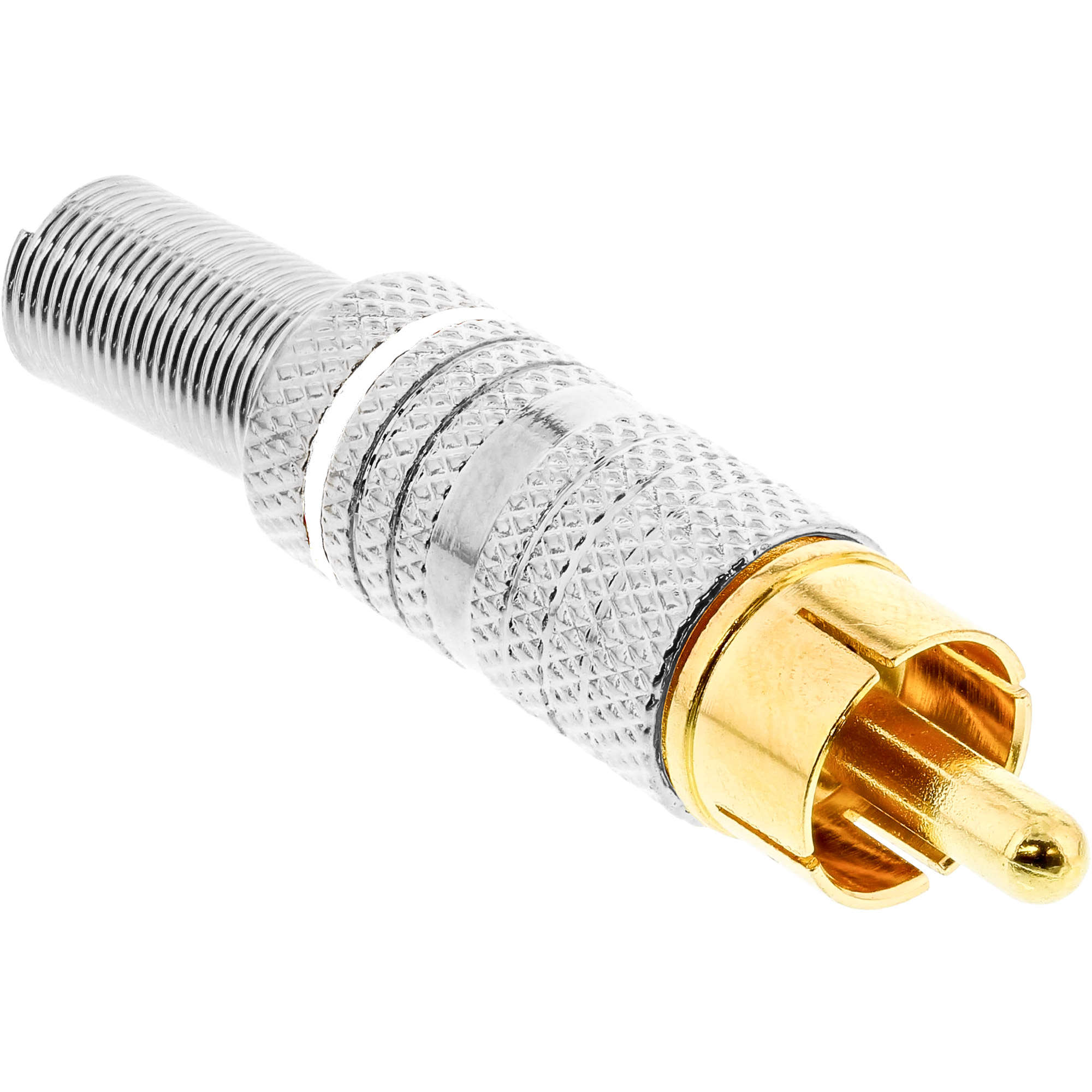Inline® Cinchstecker Lötversion, Metall silber, Ring weiß, für 6mm Kabel Inline® Cinchstecker Lötversion, Metall silber, Ring weiß, für 6mm Kabel