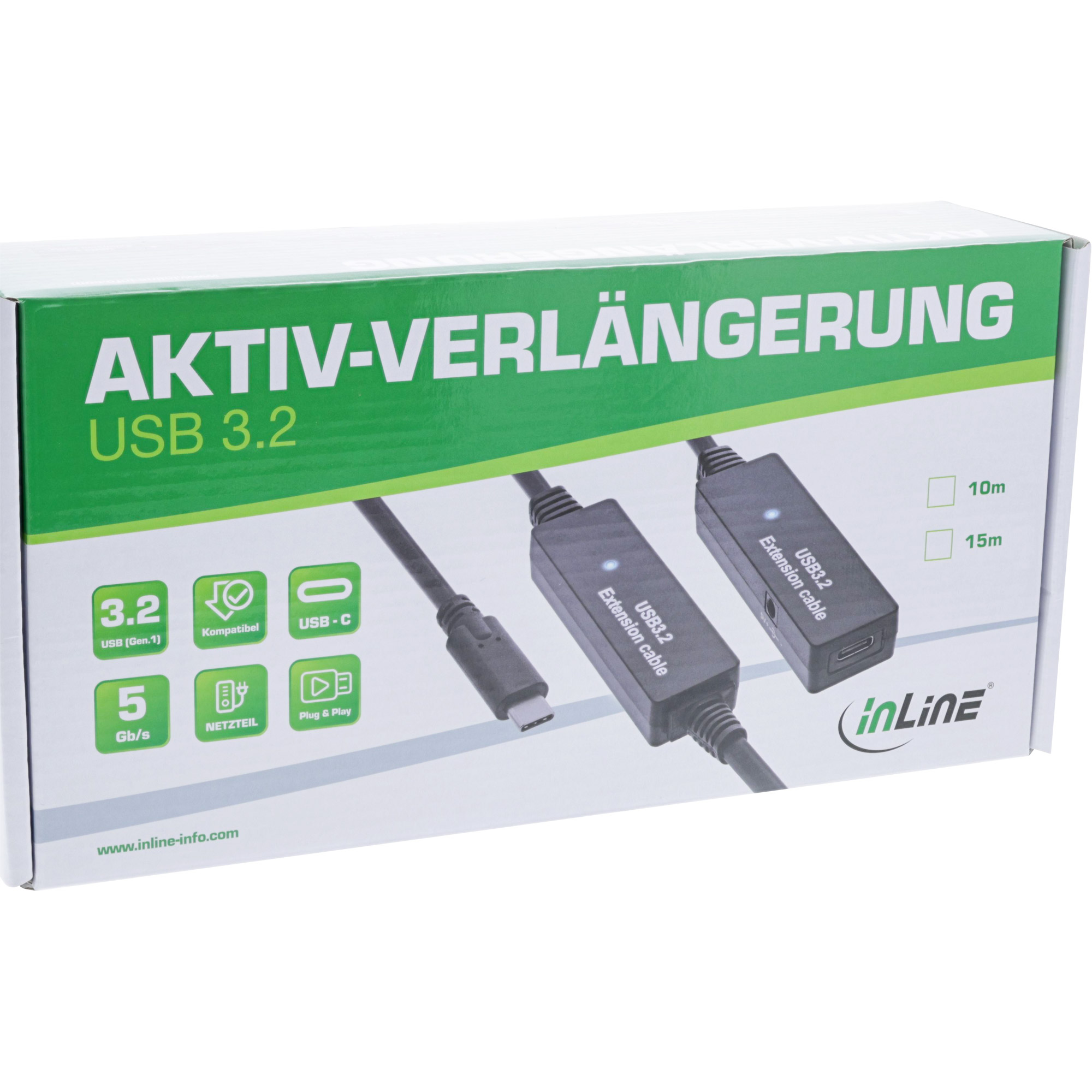 Inline® USB 3.2 Gen.1 Aktiv-VerLängerung, USB-C Stecker an USB-C Buchse, 10m