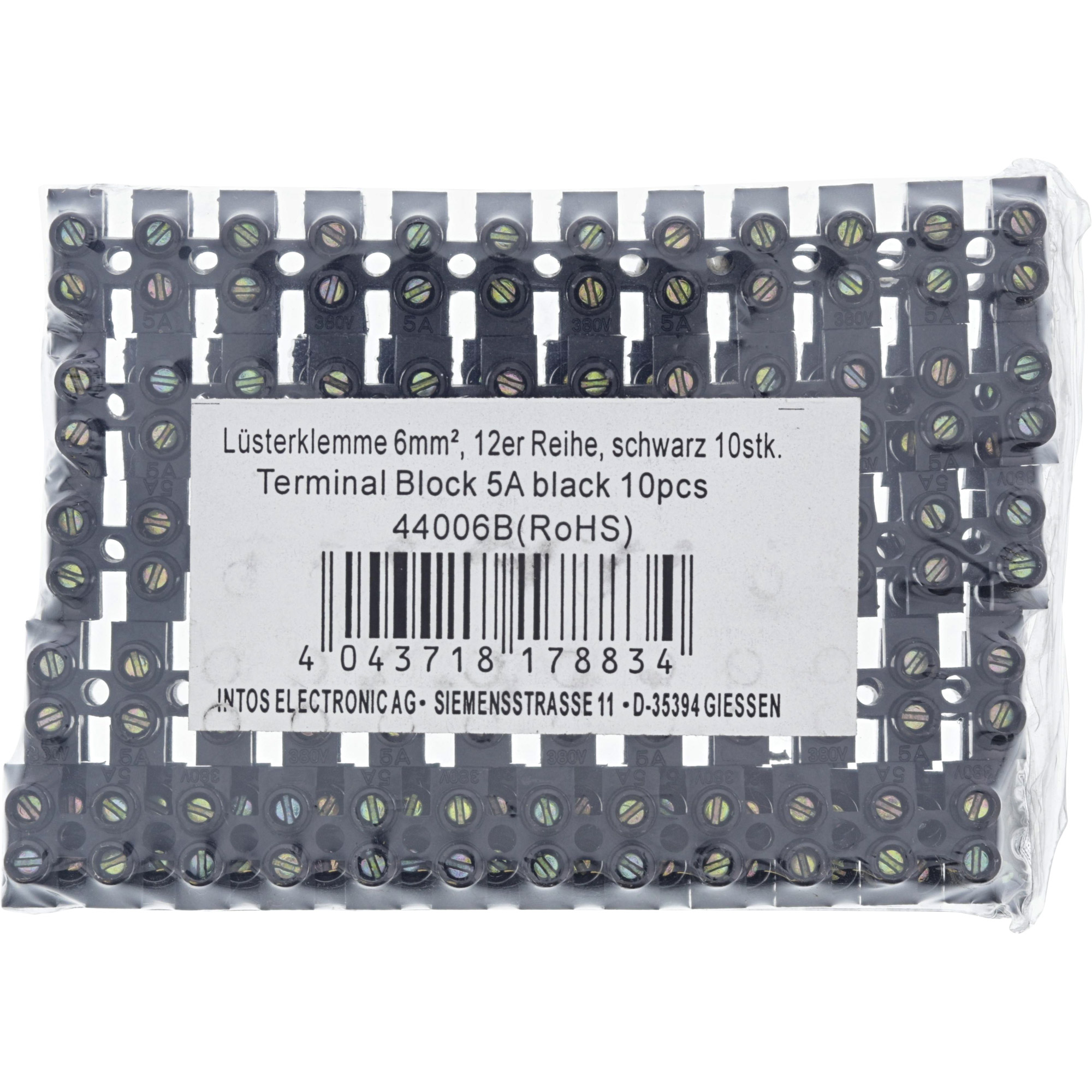 Inline® Lüsterklemme 6mm², 12er Reihe, schwarz, 10 Stück