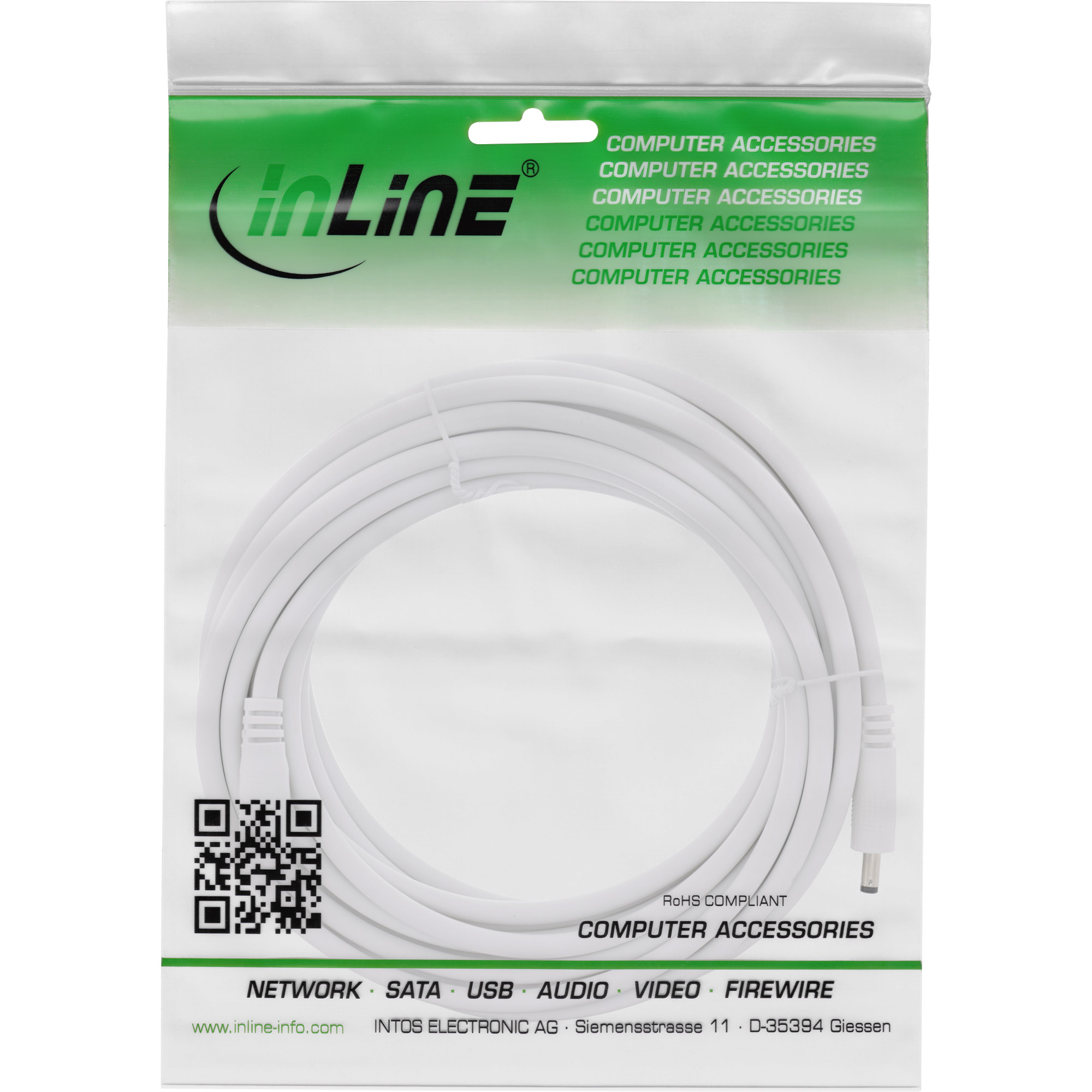 Inline® DC VerLängerungskabel, DC Stecker/Buchse 5,5x2,1mm, AWG 18, weiß 3m