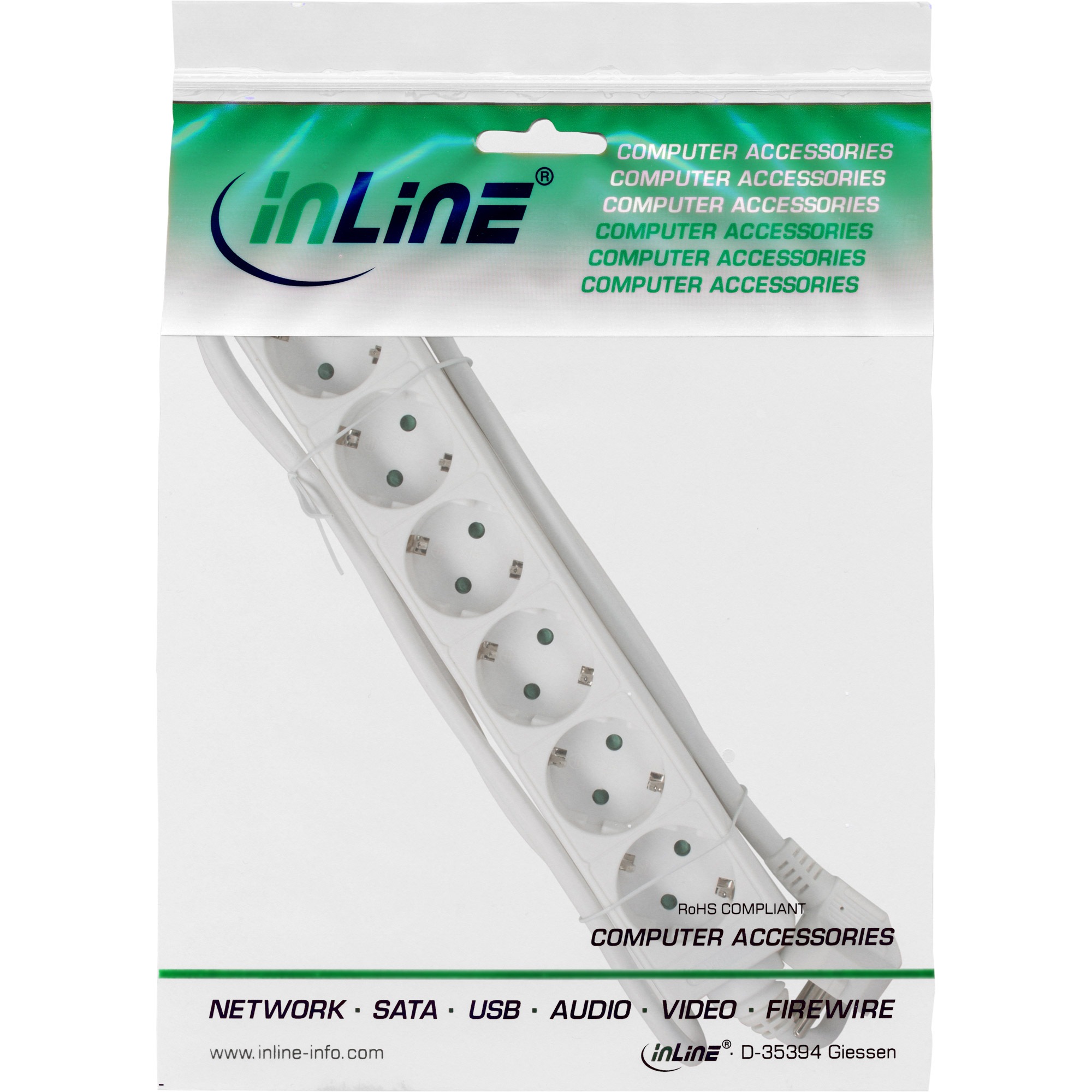 Inline® Steckdosenleiste, 6-fach Schutzkontakt, weiß, 5m