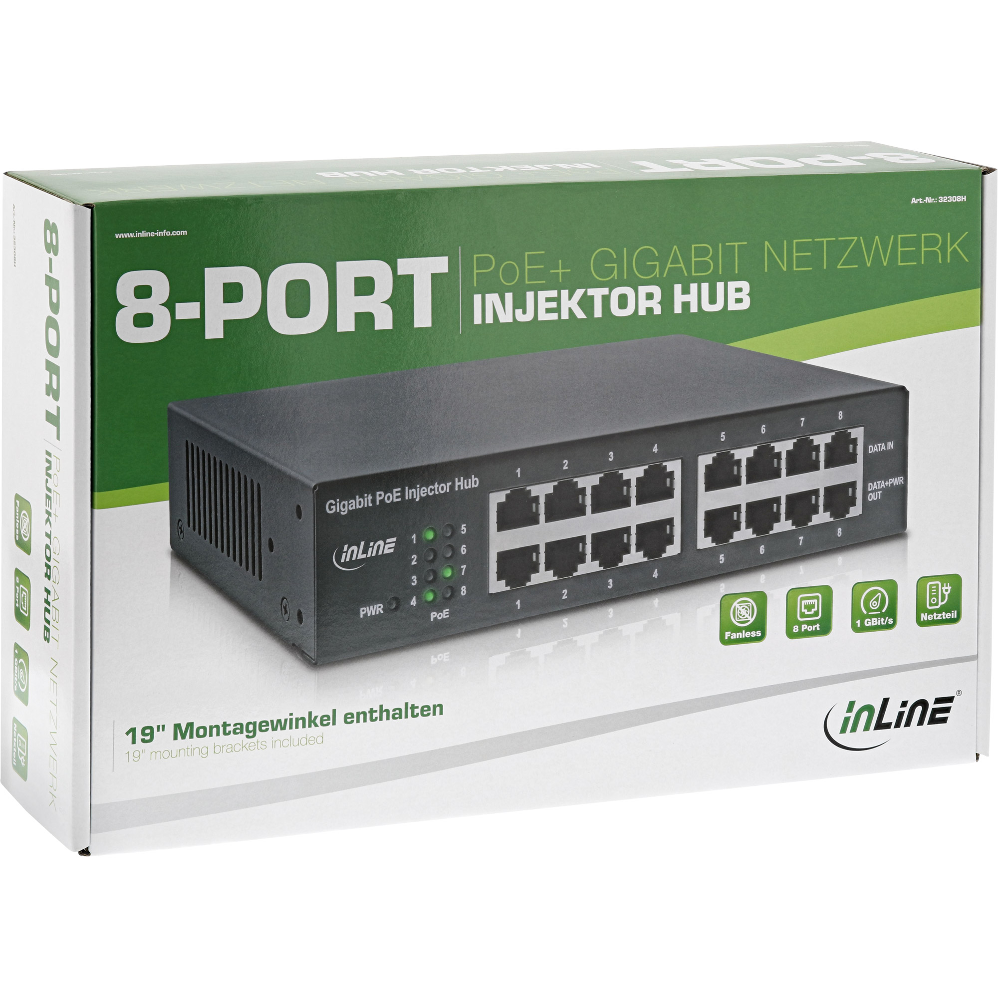 Inline® PoE+ Gigabit Injektor Hub 8 Port (8x PoE+), 1Gb/s, 19" 1HE, Lüfterlos Inline® PoE+ Gigabit Injektor Hub 8 Port (8x PoE+), 1Gb/s, 19" 1HE, Lüfterlos