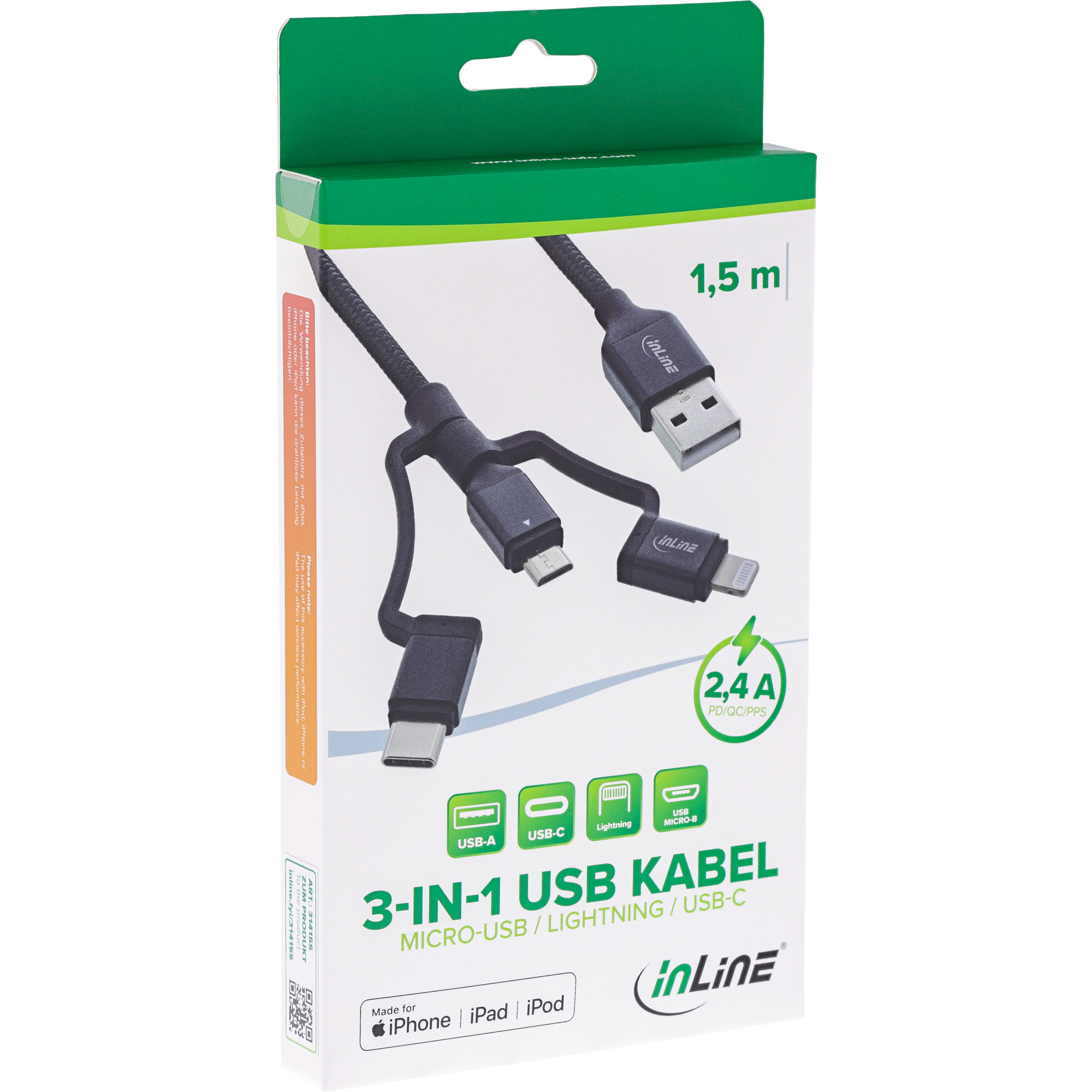 Inline® 3-in1 USB Kabel, Micro-USB/Lightning/USB-C, schwarz/Alu, 1m MFi