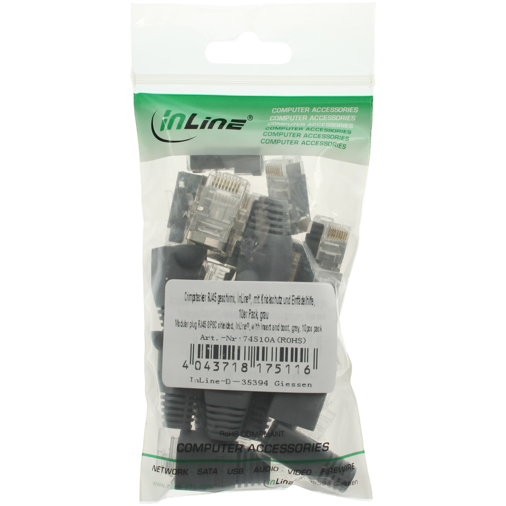 10er Pack Inline® Crimpst. RJ45 gesch., mit Knickschutz & Einfädelhilfe, grau
