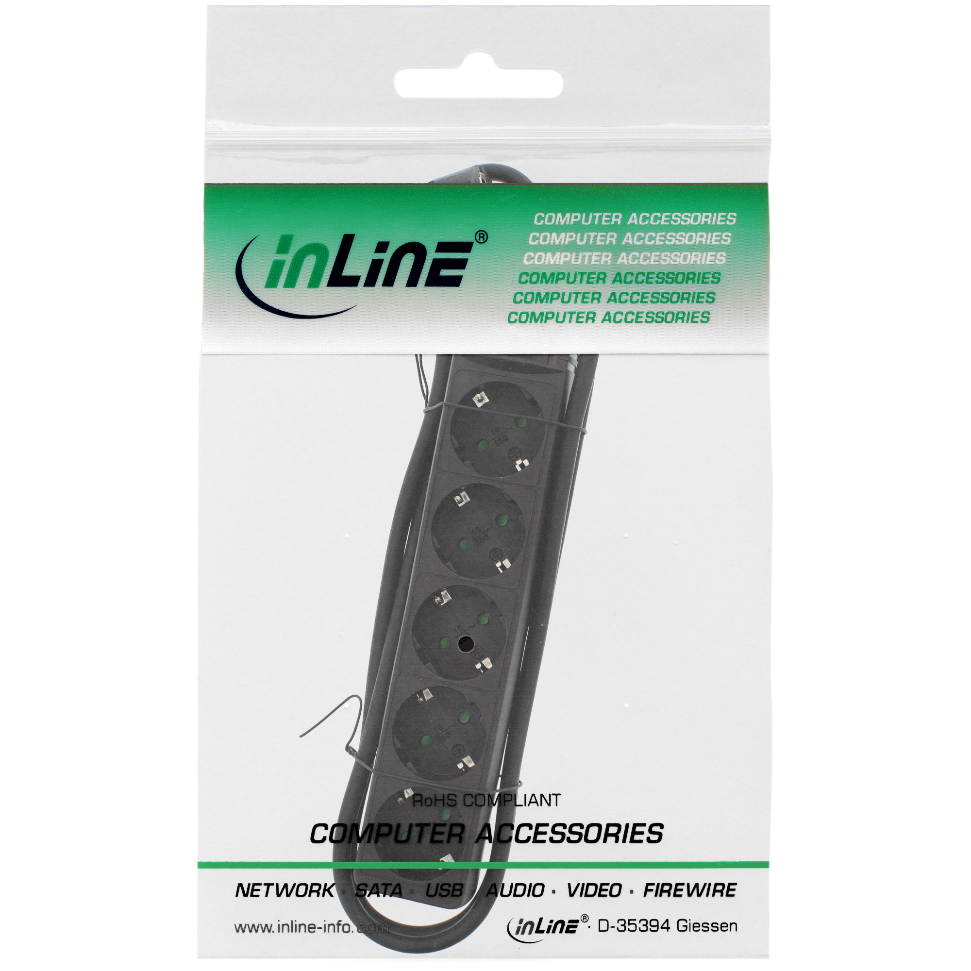 Inline® Steckdosenleiste, 5-fach Schutzkontakt, schwarz, 1,5m