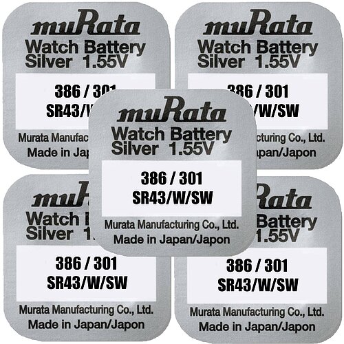 5x Murata SR43 386 / 301 MultiDrain Silberoxid Batterie 1,55 V