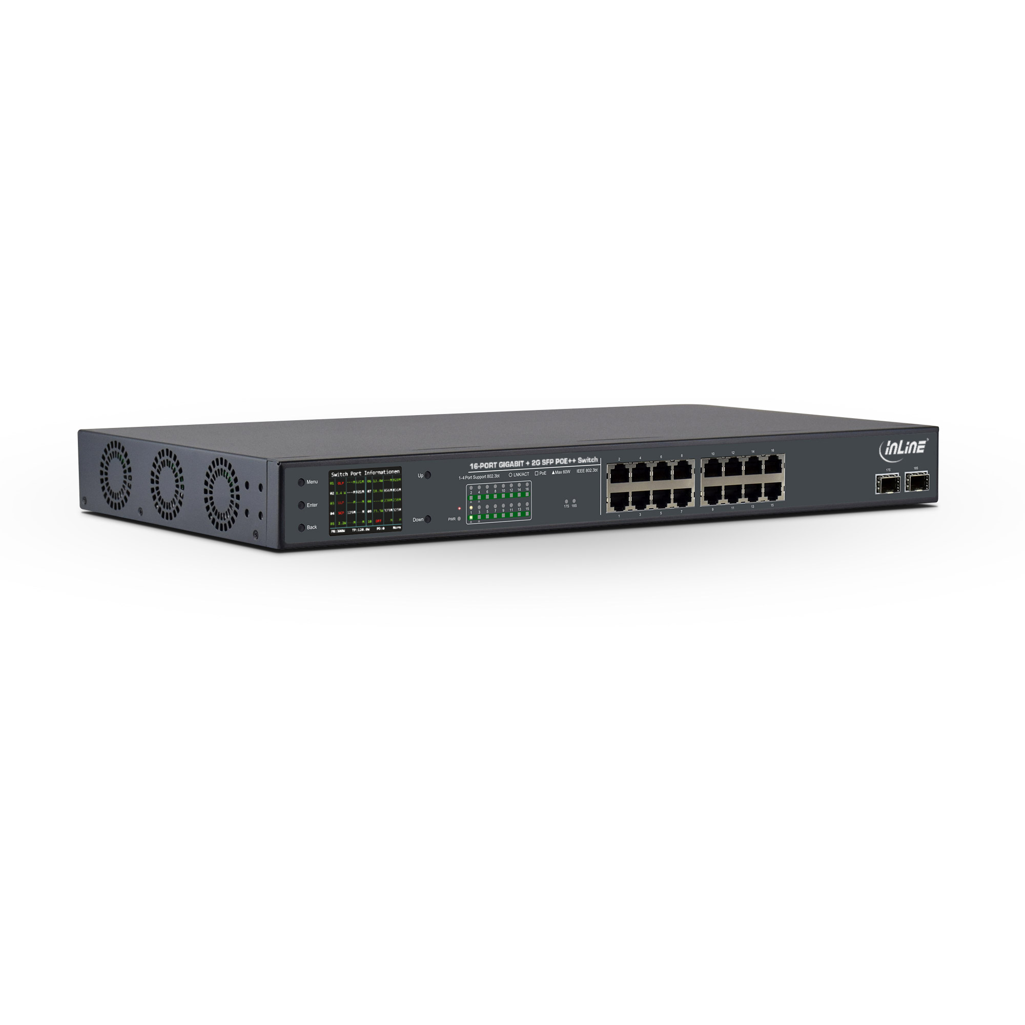 Inline® PoE++ Gigabit Netzwerk Switch 16 Port, 1Gb/s, 2xSFP,19"1HE(inkl. Winkel)