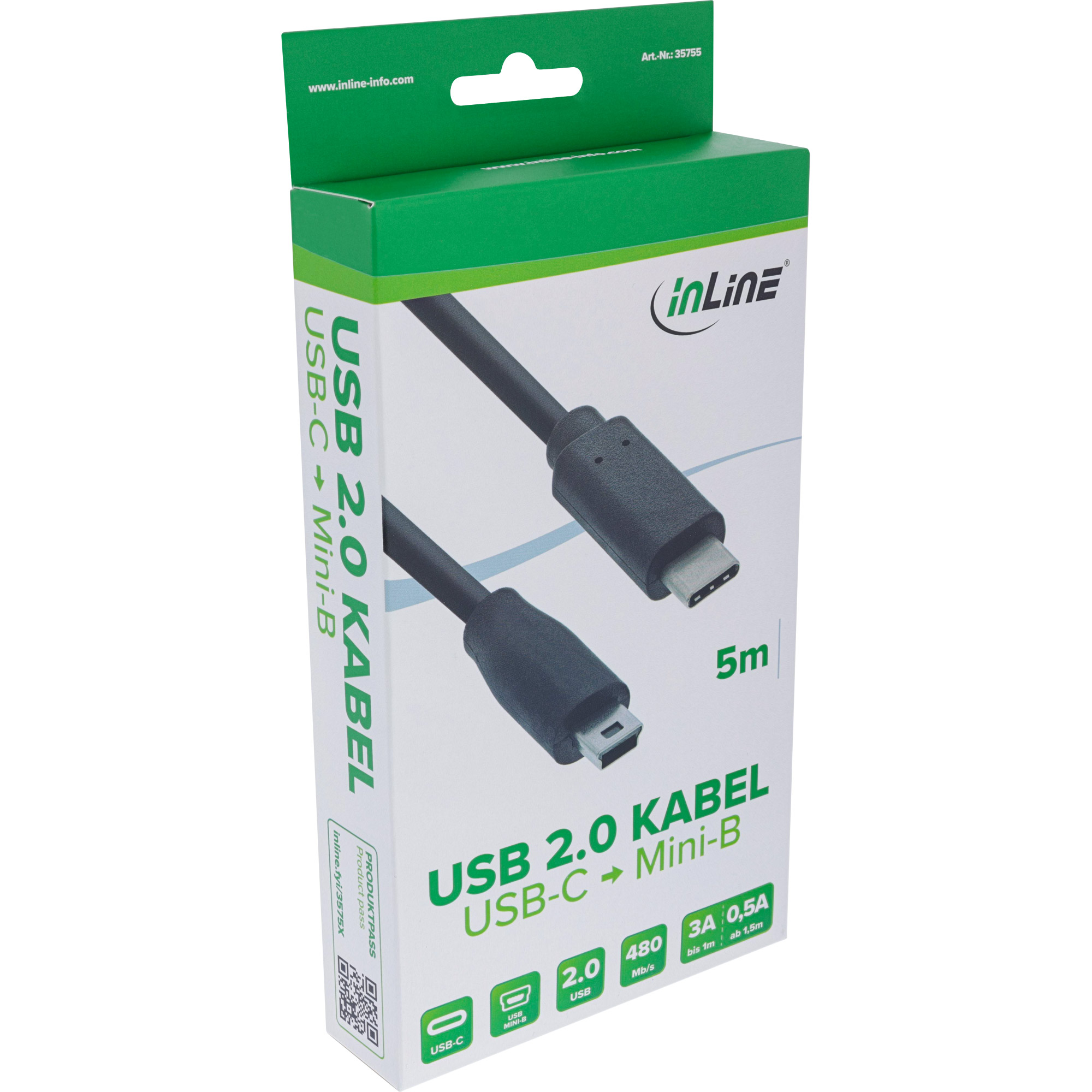 Inline® USB 2.0 Kabel, USB-C Stecker an Mini-B Stecker, schwarz, 5m Inline® USB 2.0 Kabel, USB-C Stecker an Mini-B Stecker, schwarz, 5m